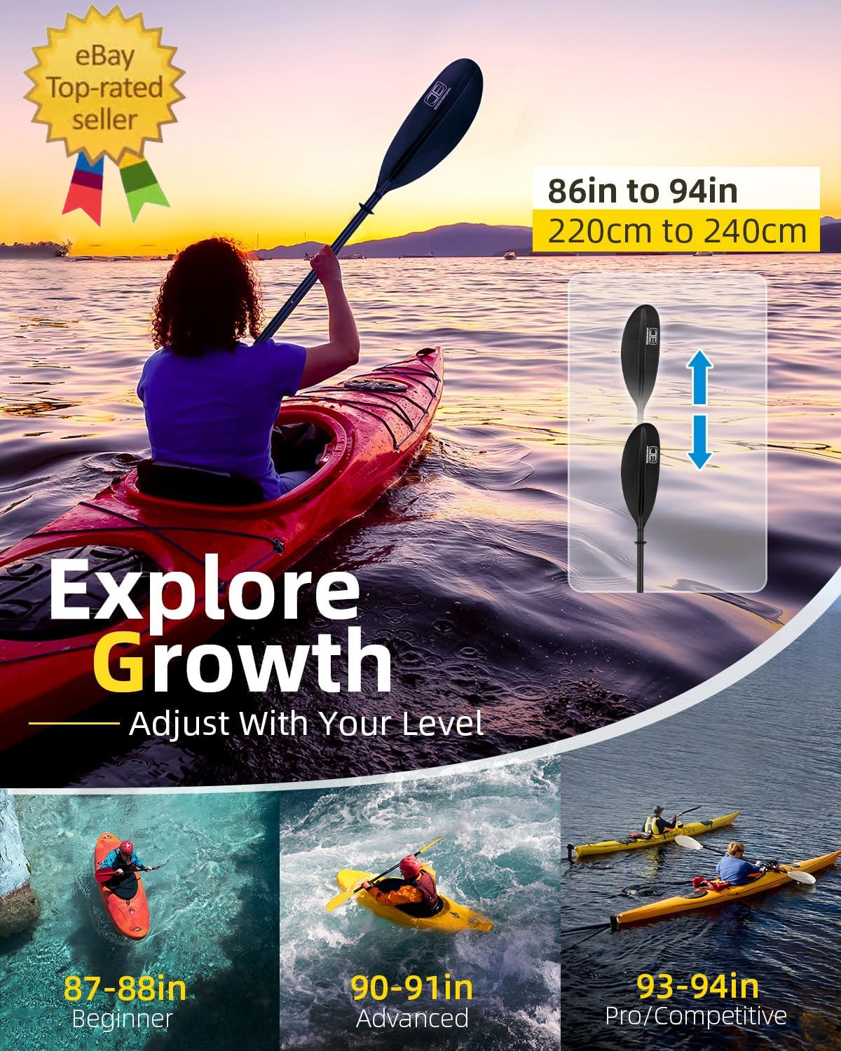 Adjustable Carbon Fiber Kayak Paddle 86In/220Cm to 94In/240Cm Kayaking Oar