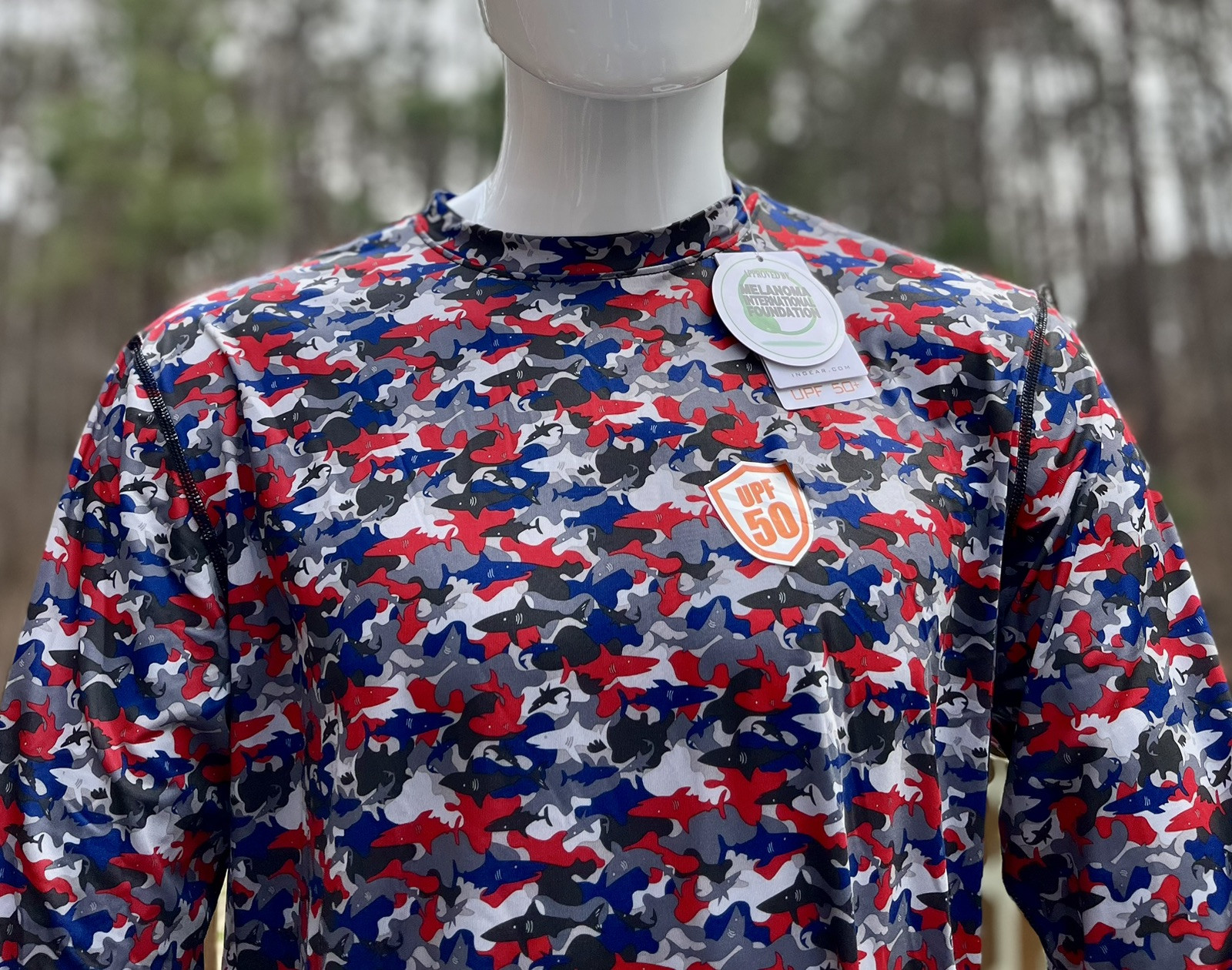 InGear Men’s UPF 50+ Rash Guard – Red, White & Blue Shark Camo Long Sleeve S-3XL