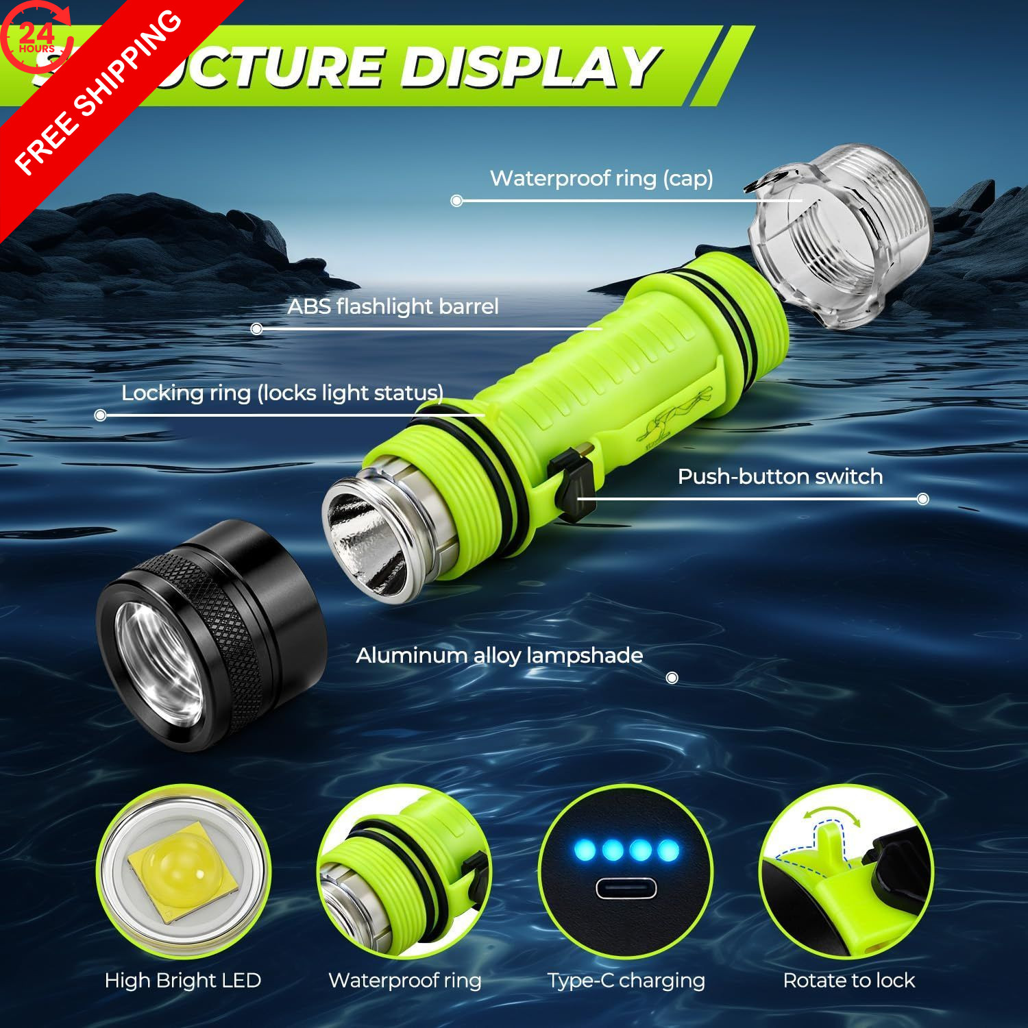 FISHOAKY Diving Flashlight Underwater LED Light, 1500 Pocket Size, Black