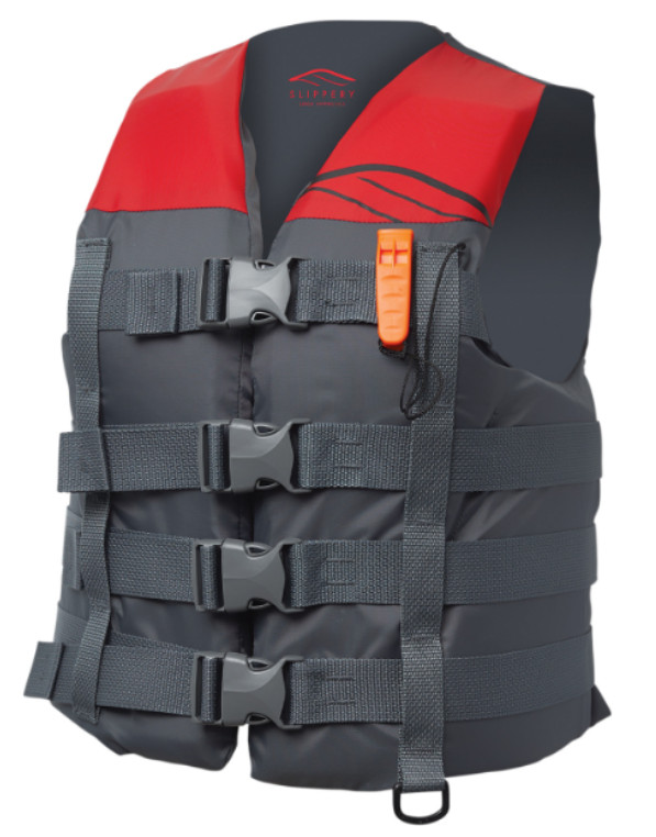 SLIPPERY HYDRO PFD NYLON LIFE VEST PRESERVER WHISTLE USCGA CHARCOAL/RED SM/MD