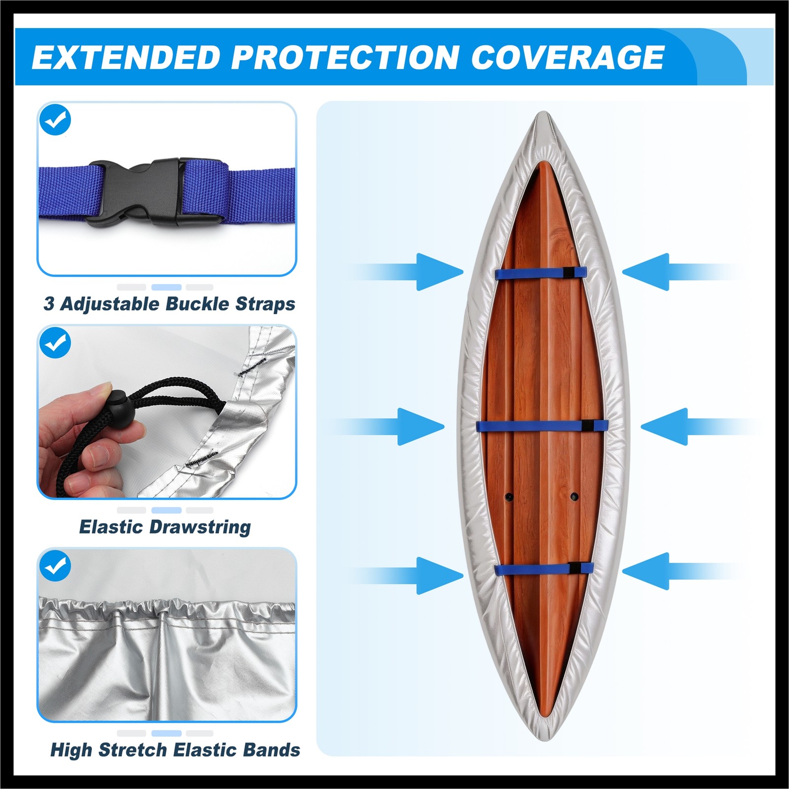Heavy Duty Kayak Cover Waterproof UV Protection Fit for 10.8ft-12ft Silver Tone