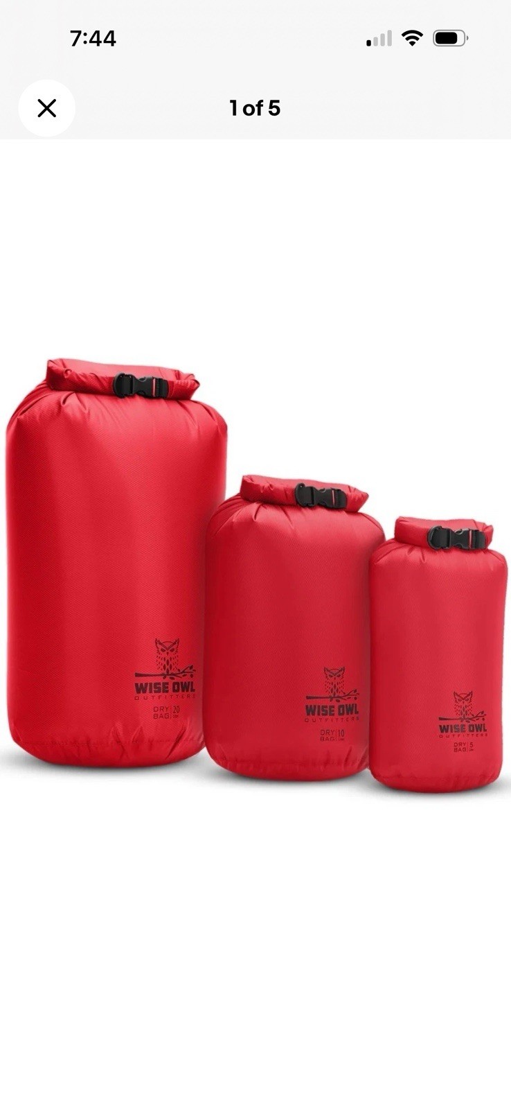 Waterproof Dry Bag 3-Pack 5L/10L/20L) RED Airtight & Lightweight by Wise Owl NEW