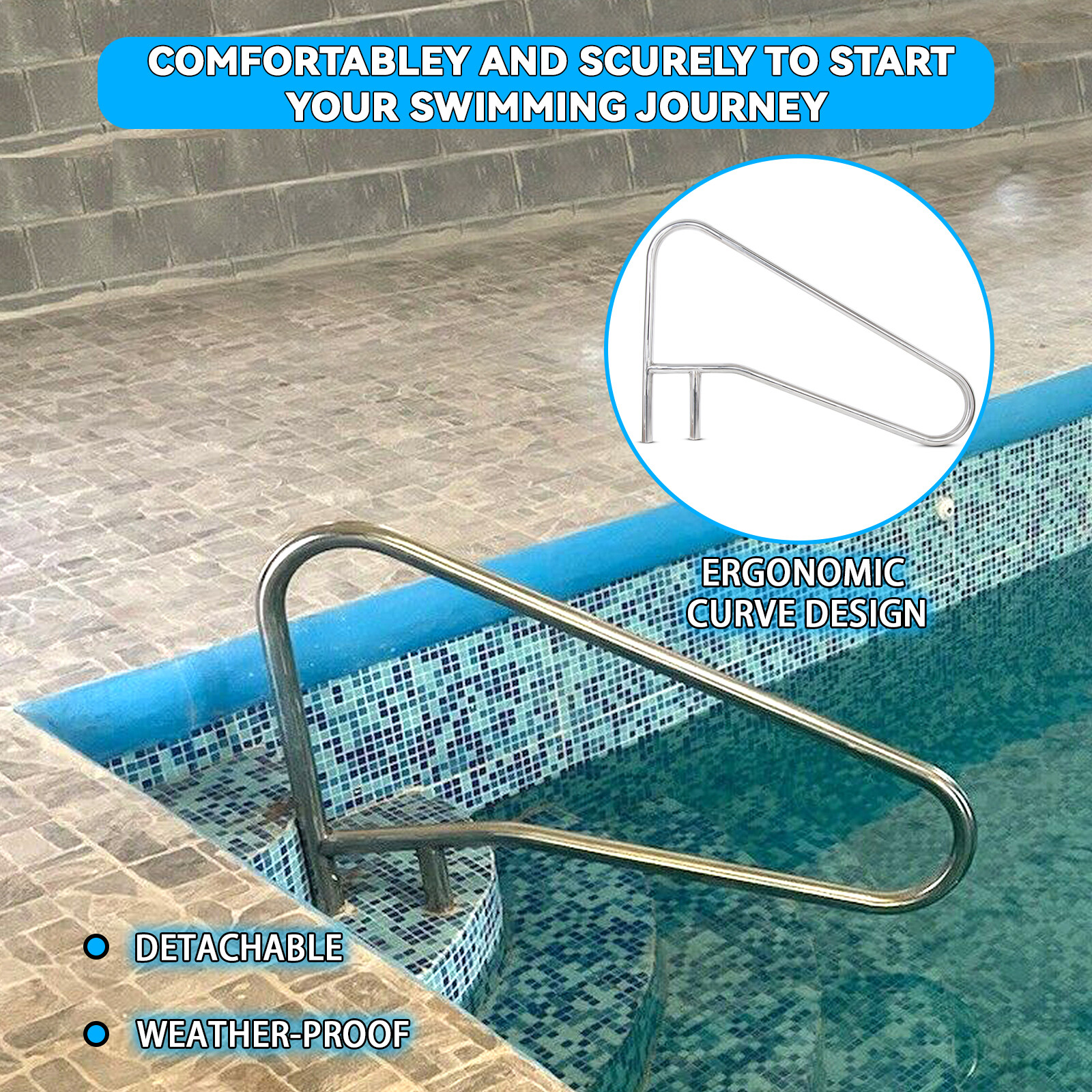 Pair(2PC) Swimming Pool Hand Rail Ladder Handrail Stair Rail 304 Stainless Steel