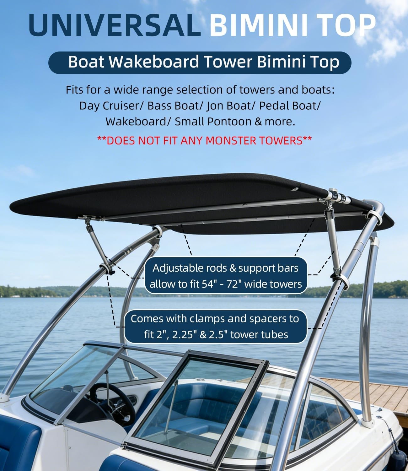 Universal Wakeboard Tower Mounted Flat Cargo Bimini Top Cover 600D Canvas Frame-