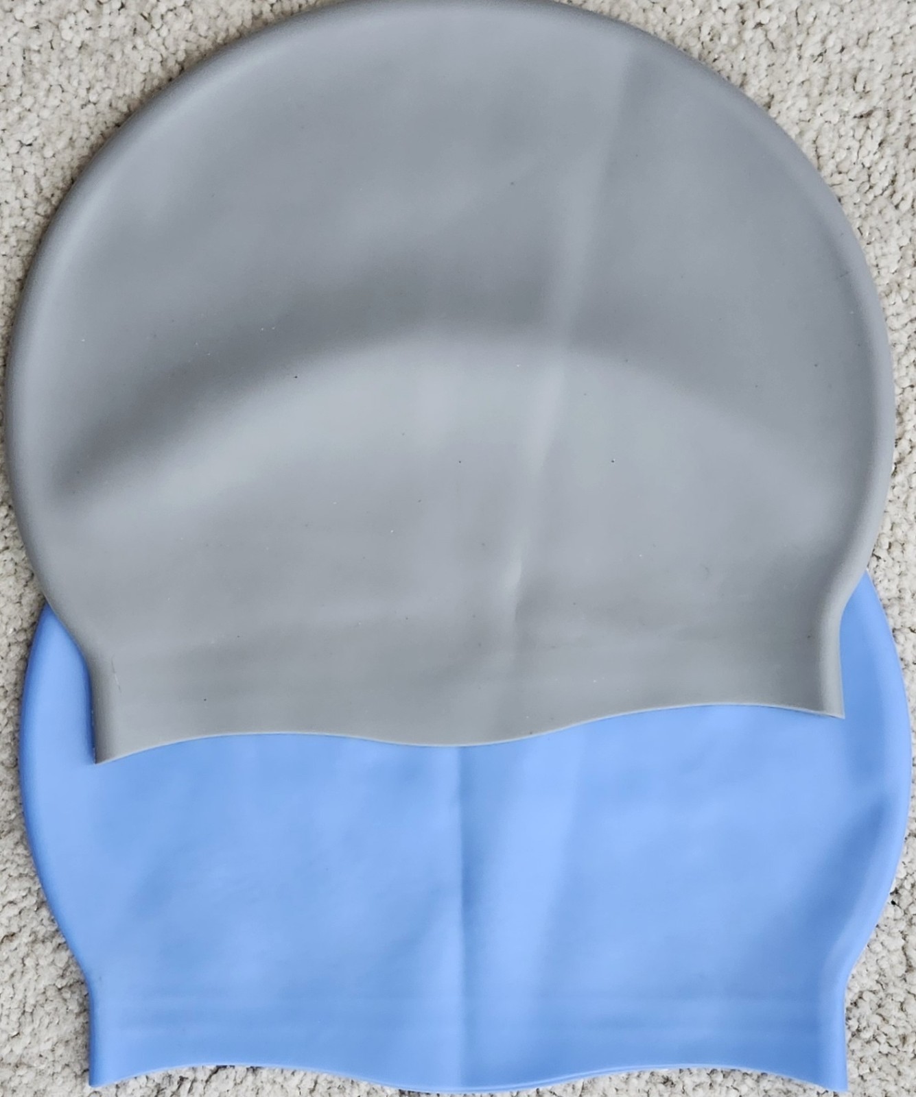 Two OC Tri Series Adult Silicone Swim Caps, Blue and Gray, Pre-Owned Worn Once