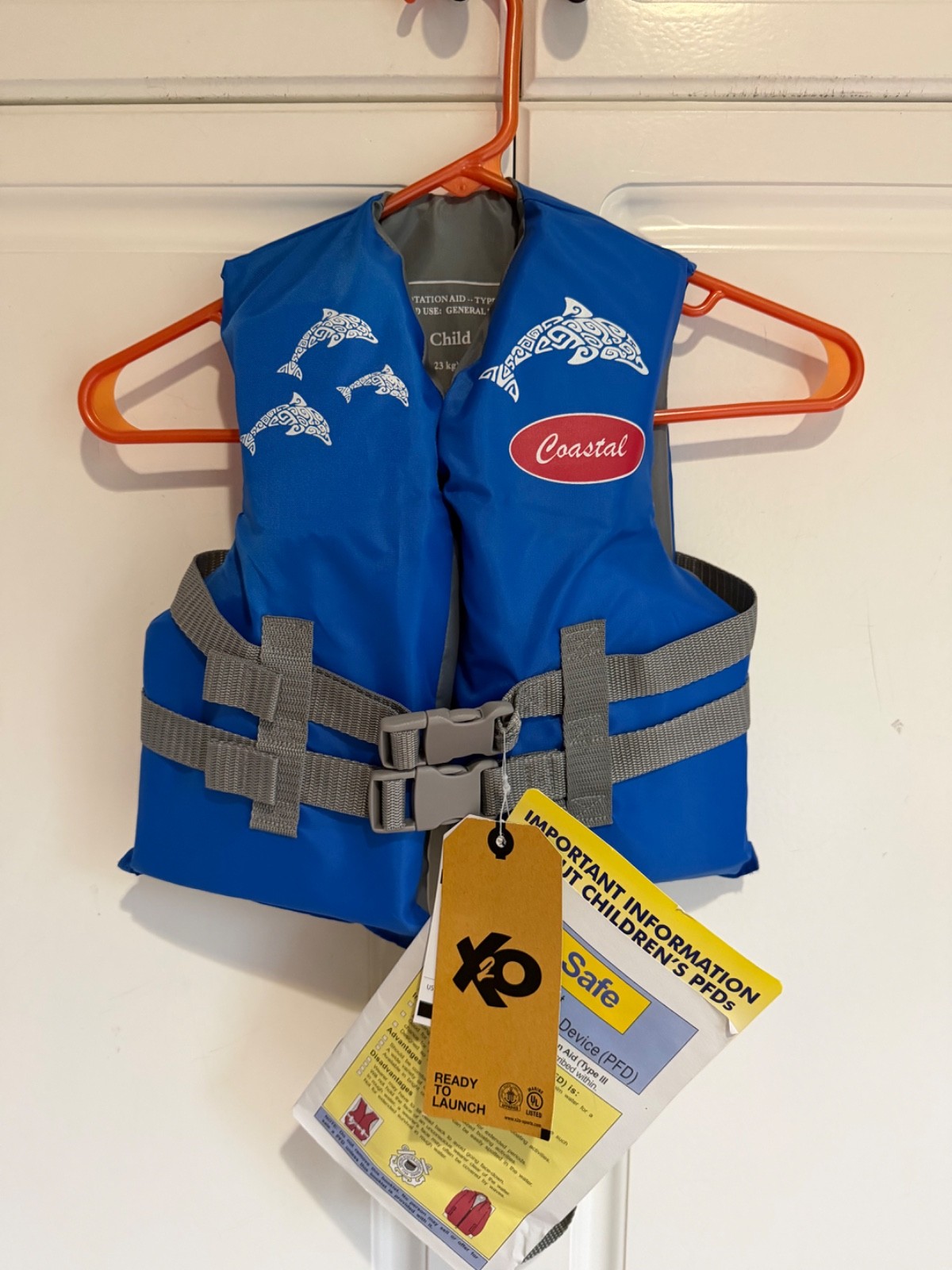 New Coastal Brand Child’s Life Vest 30-50 Pounds New Blue Dolphins