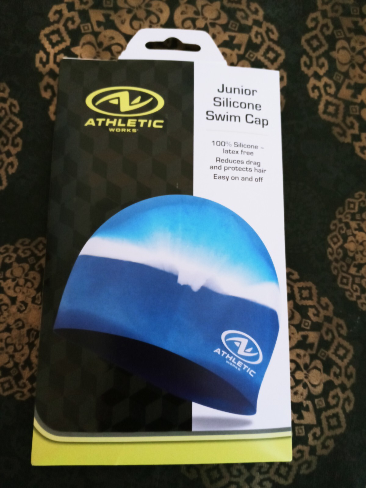 lot ATHLETIC WORKS Junior Youth Swim Cap 100% Silicone Latex Free Blue & White