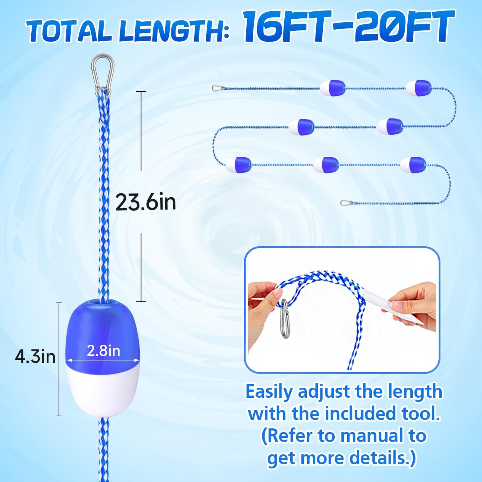16ft -20ft Adjustable Pool Safety Rope with Floats, Floating Pool Divider- St…