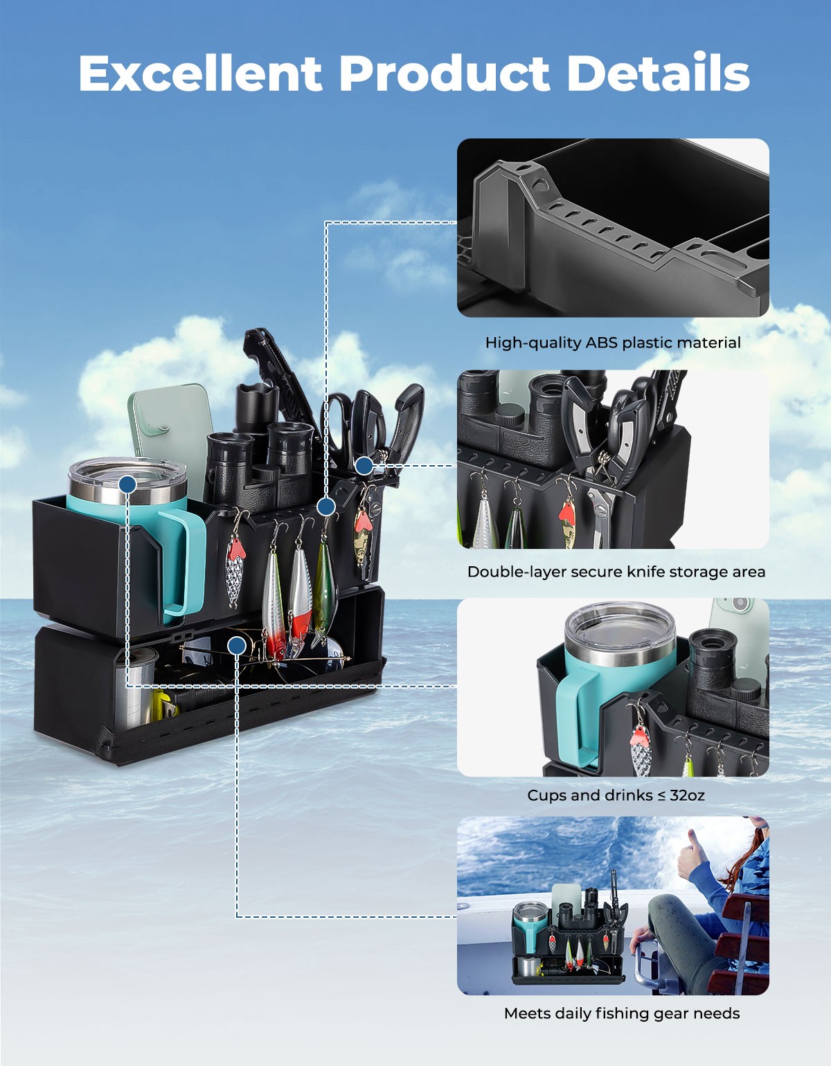 KEMIMOTO Boat Cup Holder Caddy Marine Organizer For Pontoon Jon Bass Boat Kayak