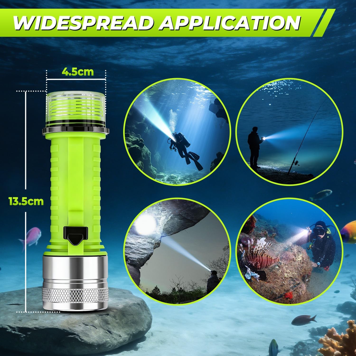 Diving Flashlight 1500 Lumen LED, Waterproof Rechargeable Torch for Night Diving