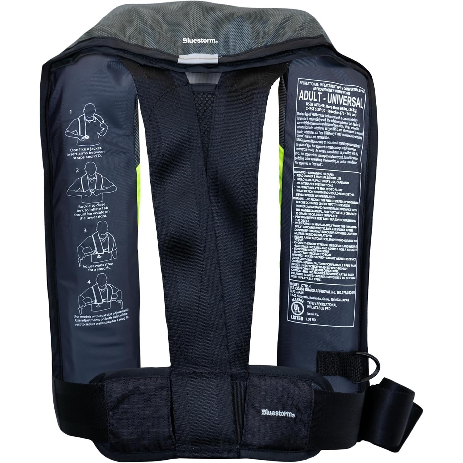 Bluestorm Stratus 35 SAIL Inflatable Life Jacket USCG Type 2 PFD, Hi-Viz GRN/YLW