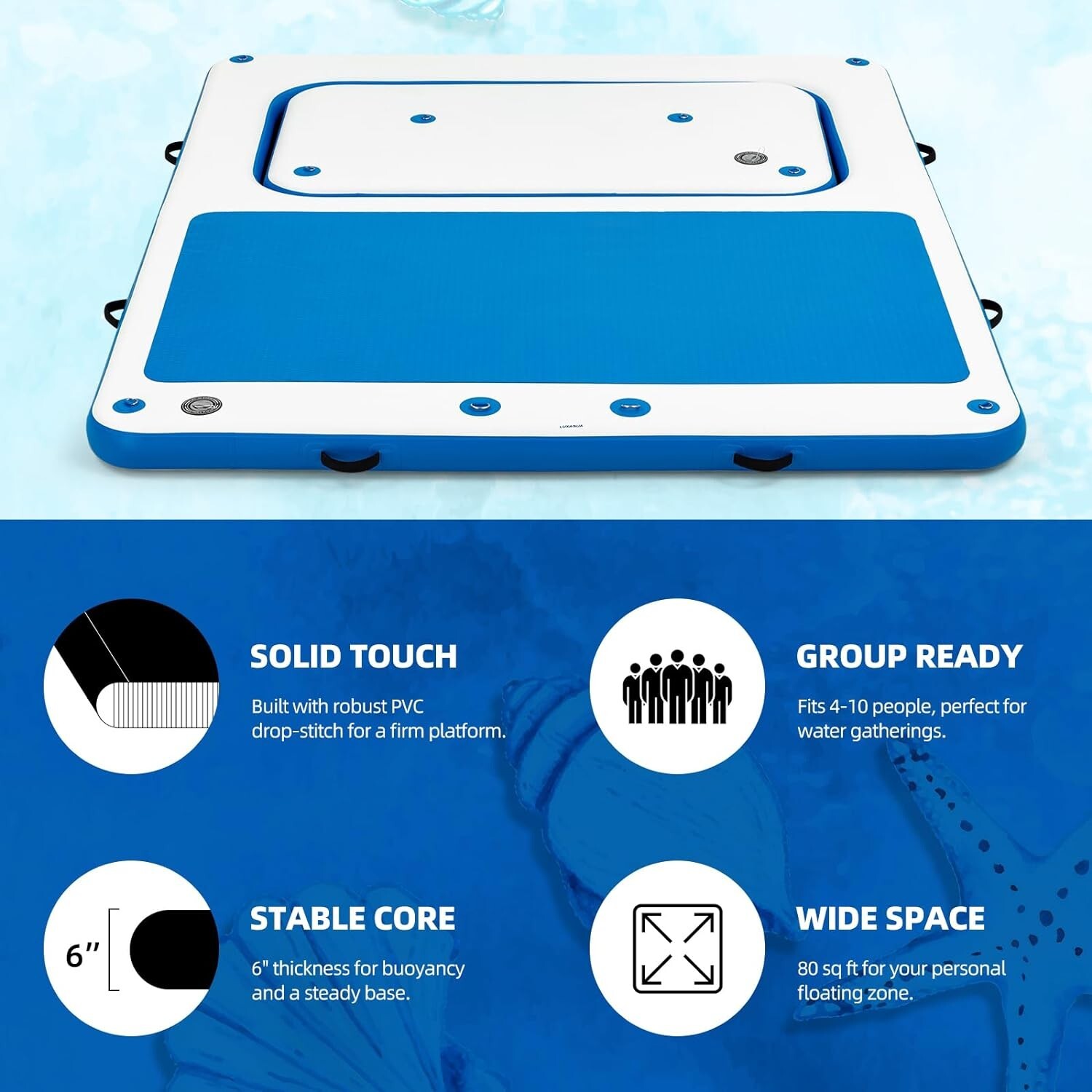 10’x8′ Inflatable Dock: Electric Pump for 1-Min Inflate/Deflate, 10-Person Fit