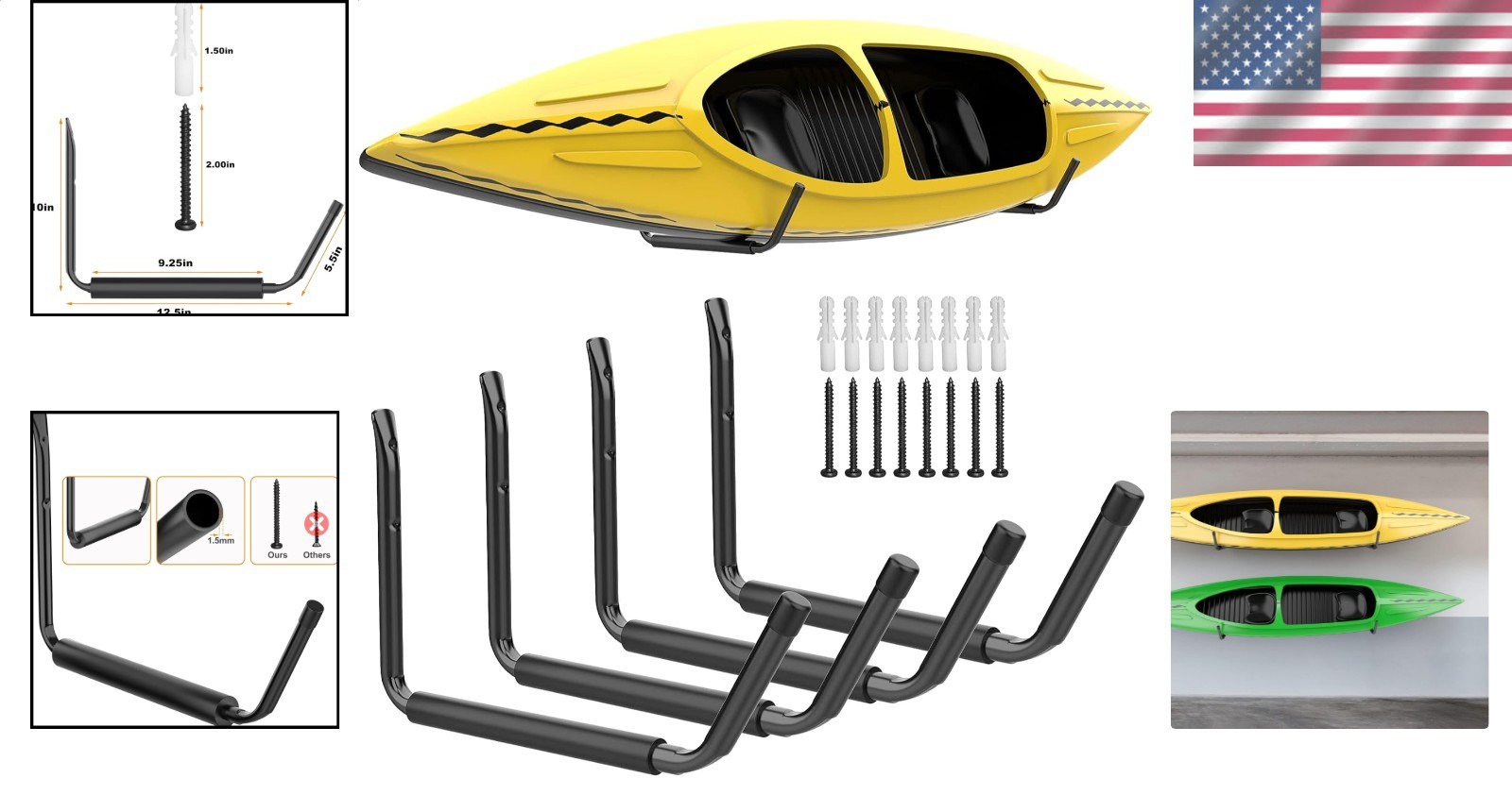 Kayak Wall Mount Rack 4-Pack Metal Garage Utility Hanger Paddleboard Ski