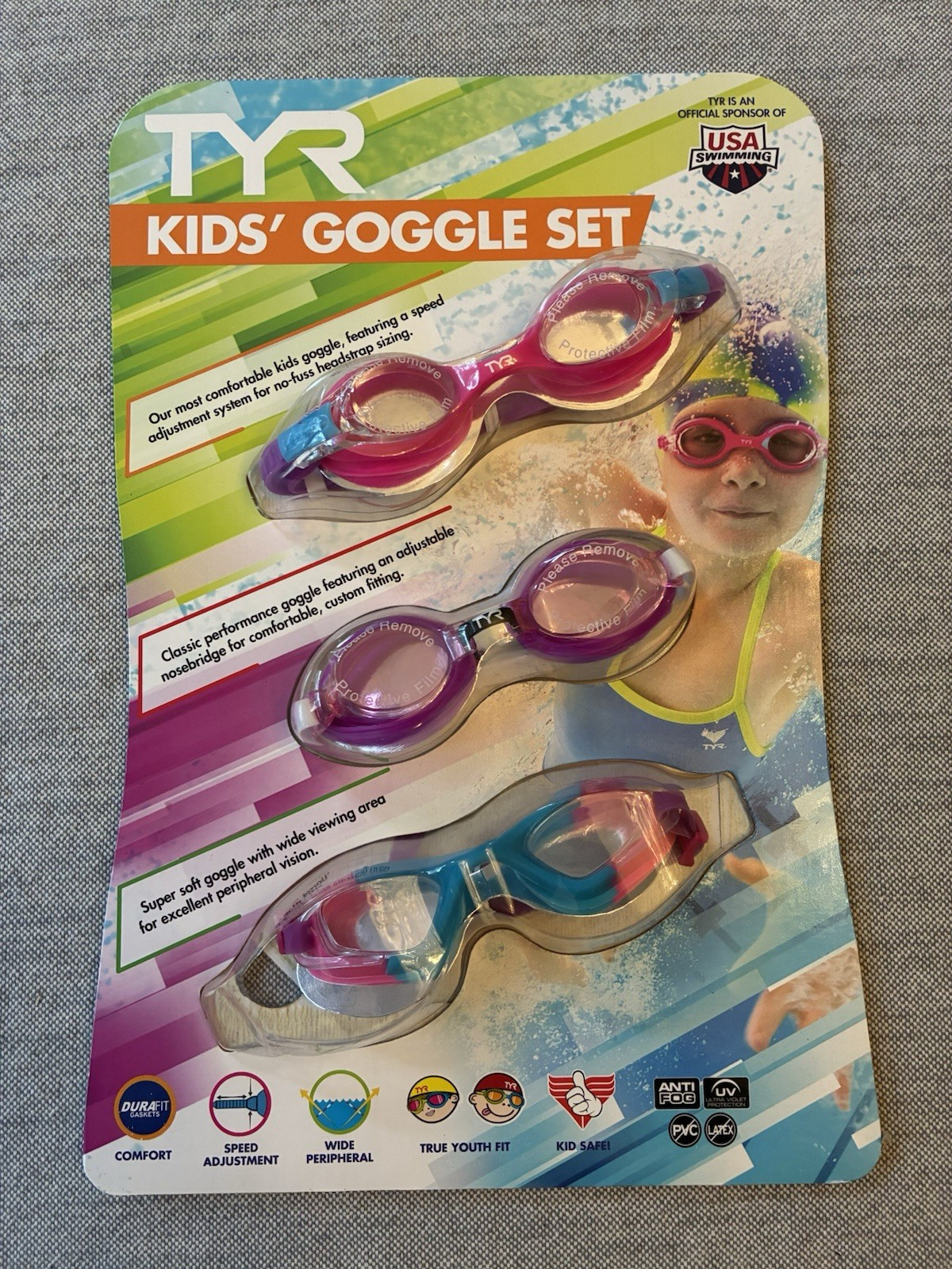 ⁠TYR Kids Swim Goggles 3 Pack Set Brand New Factory Sealed True Youth Fit