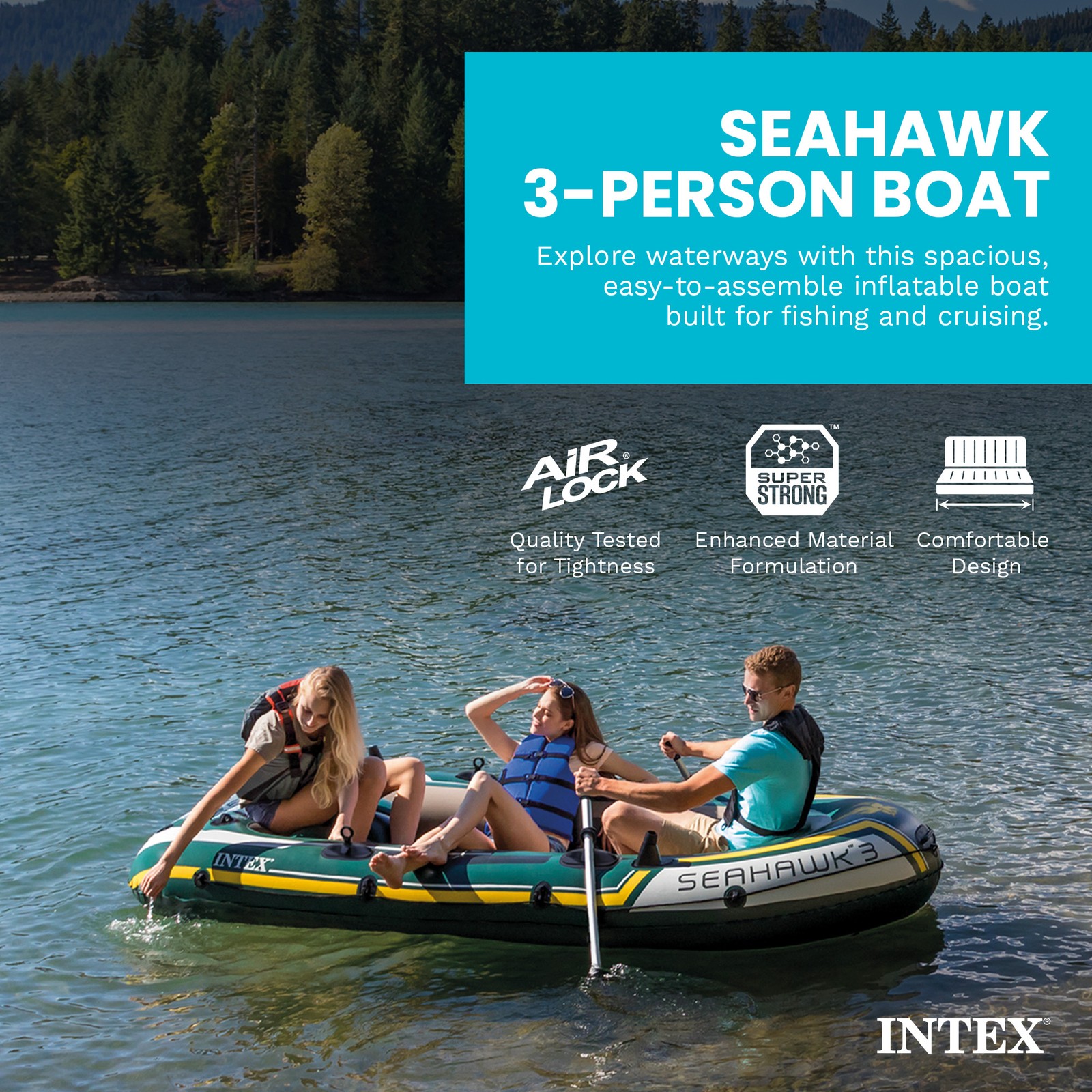 Intex Seahawk 3 Person Inflatable Rafting Boat Set with Aluminum Oars and Pump