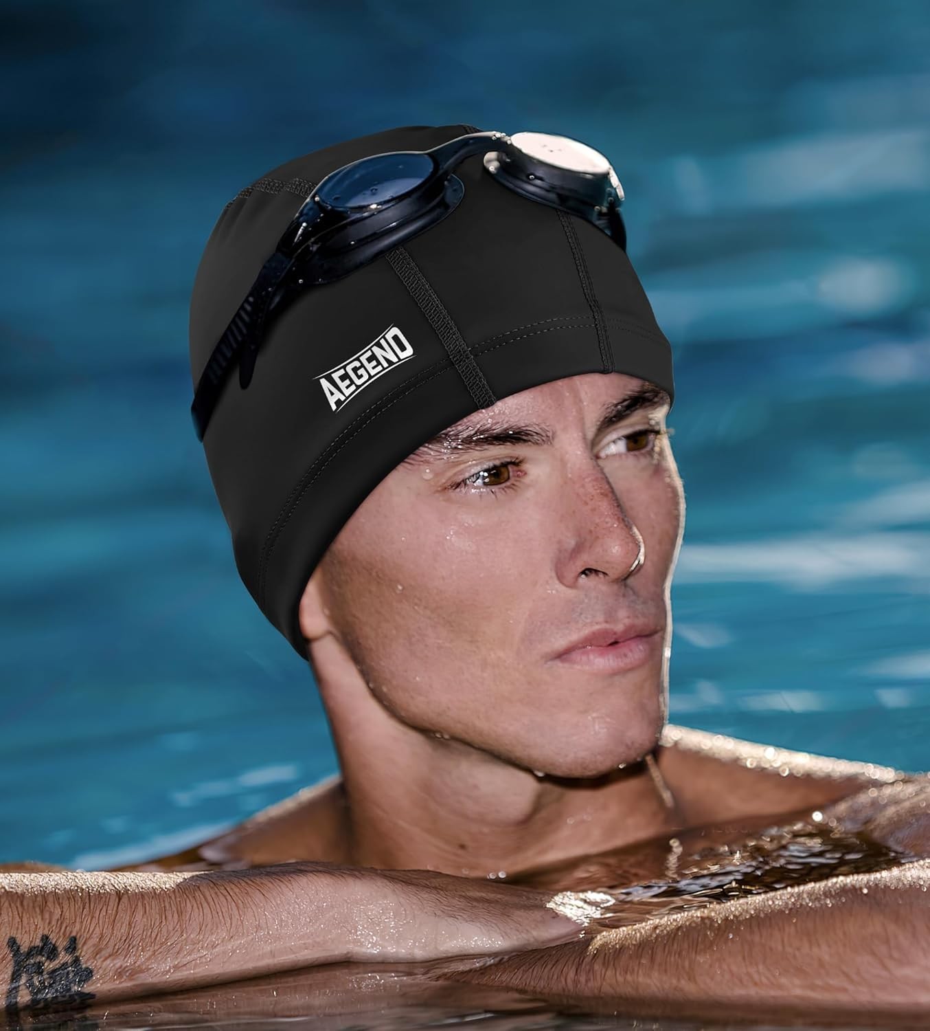 1 Pack Fabric Swim Cap Silicone Waterproof Layer Breathable Cloth Large Black-L