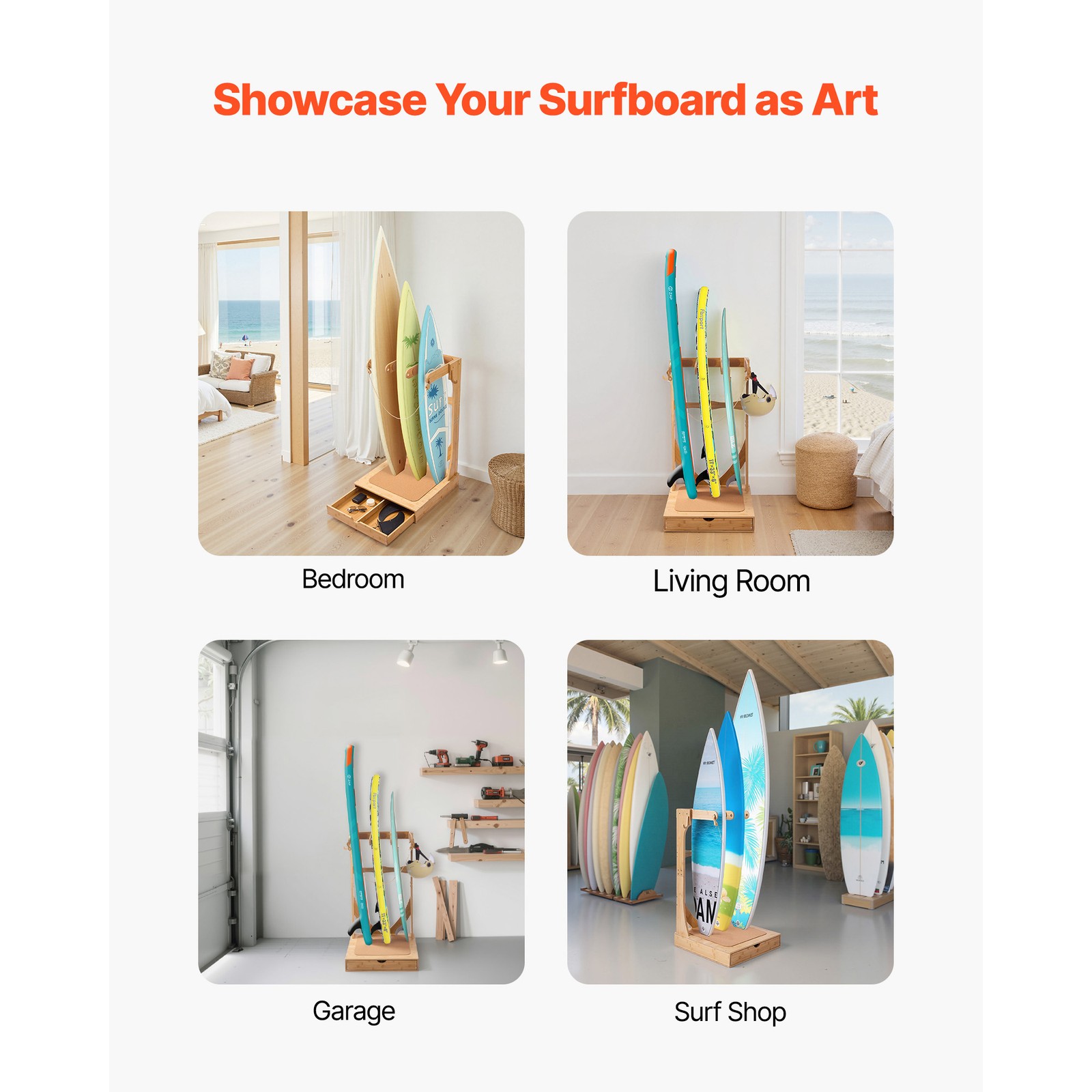 Uimoso Vertical Surfboard Rack 3 Tiers Wooden Stand for Storage and Display