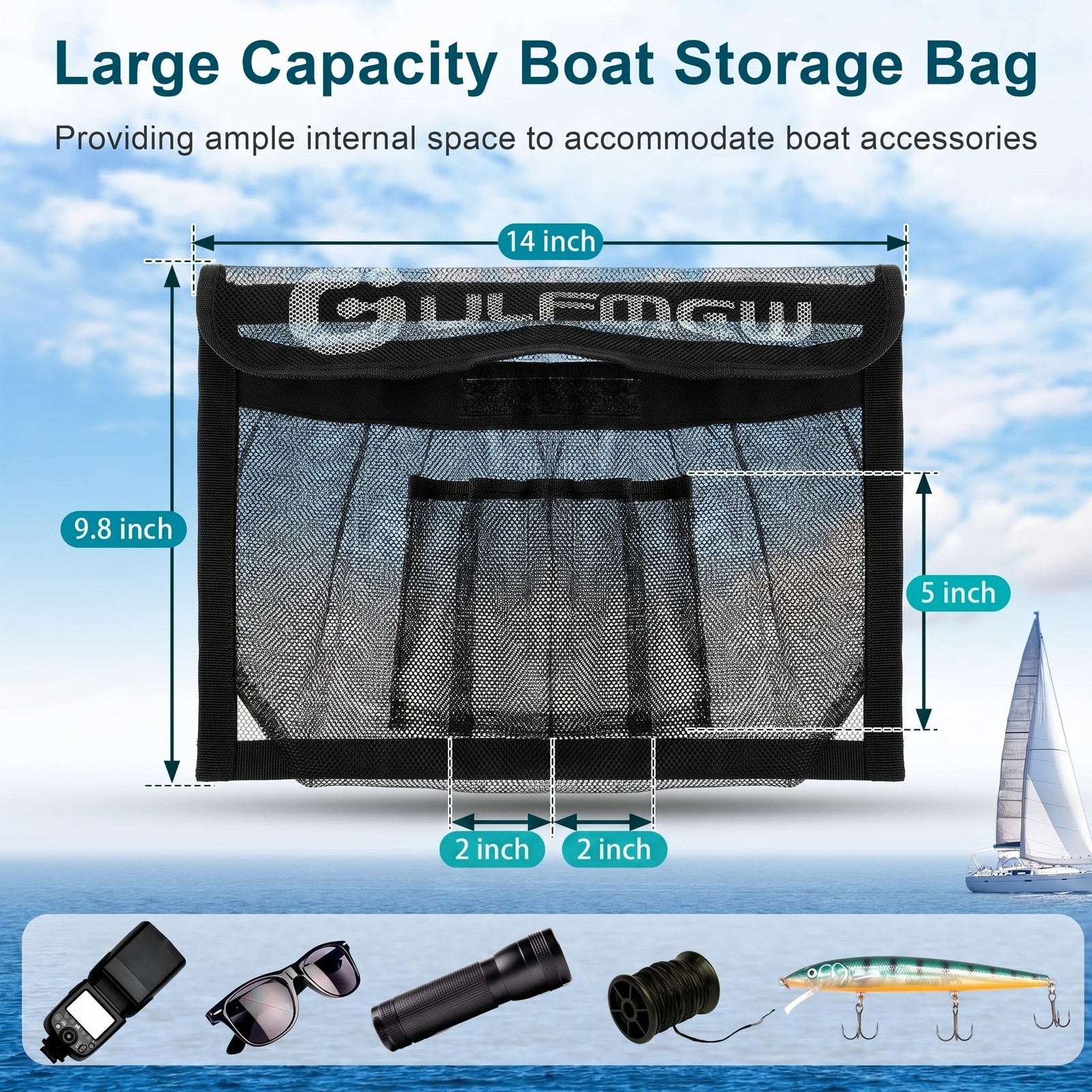 1 PCS 14″ X 9.8″ Boat Storage Bag Secure Lid 2 Pockets Mesh Organizer Adhesive