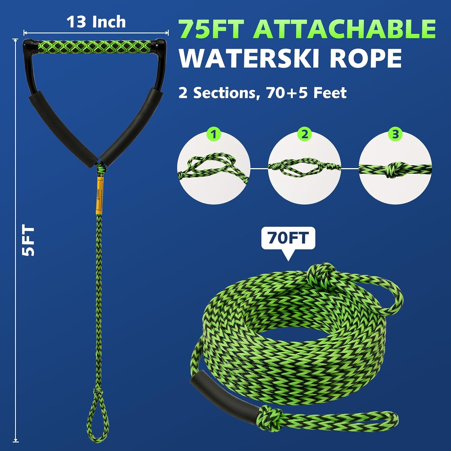 75FT Ski Ropes for Water Skiing, Floating Wakeboard Rope and Handle, Ski Tow Rop