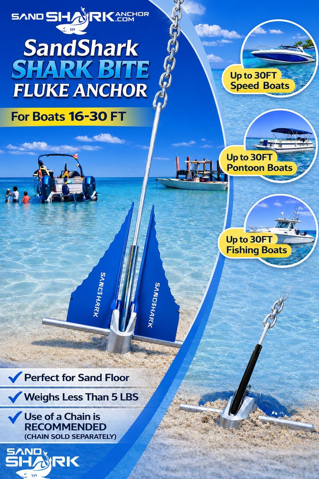 SandShark Premium Fluke Anchor-Retractable Shaft for Easy Storage-Aluminum Po…