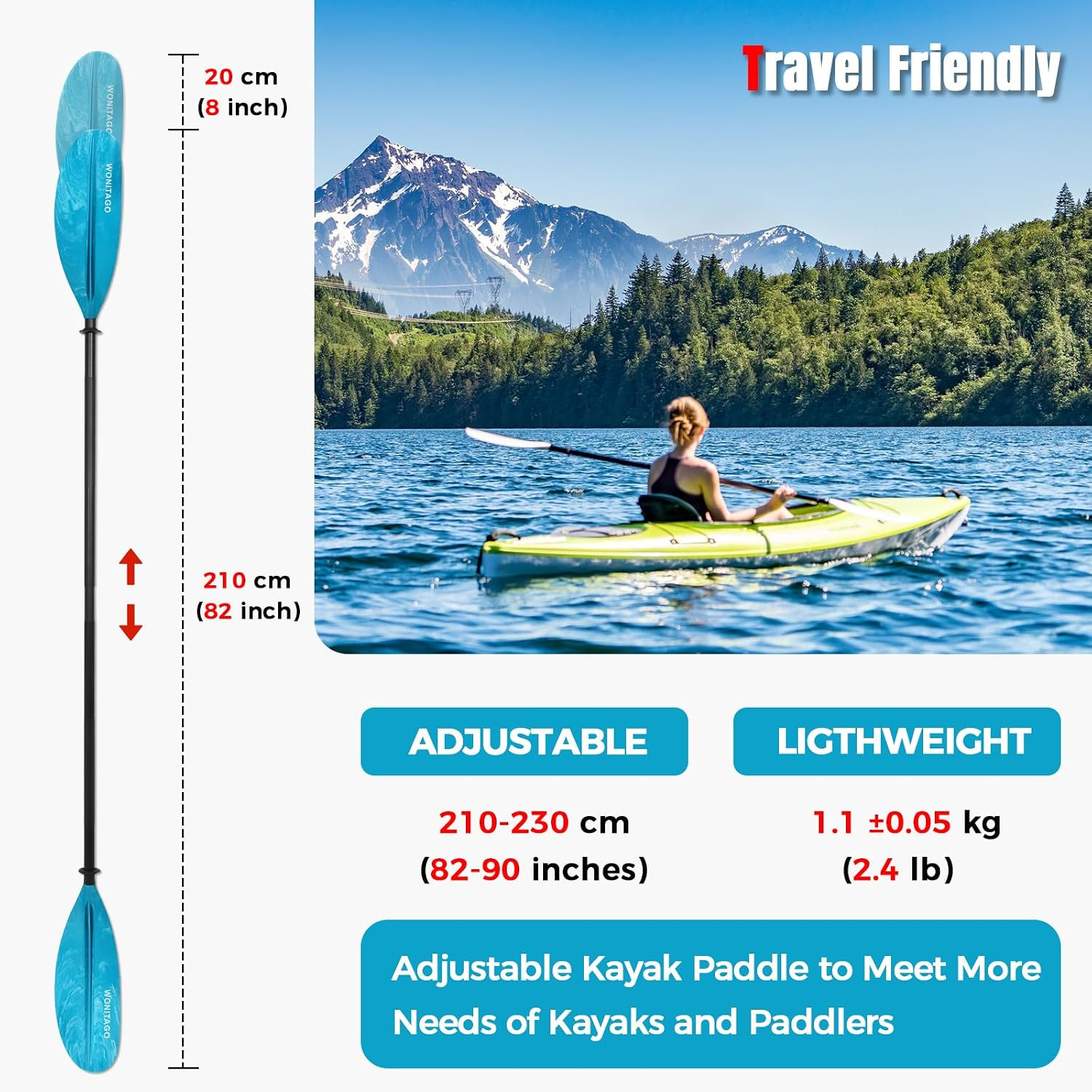 Kayak Paddles with Alloy Shaft and PP Blade, Floating Kayaking Oars, Adjustable