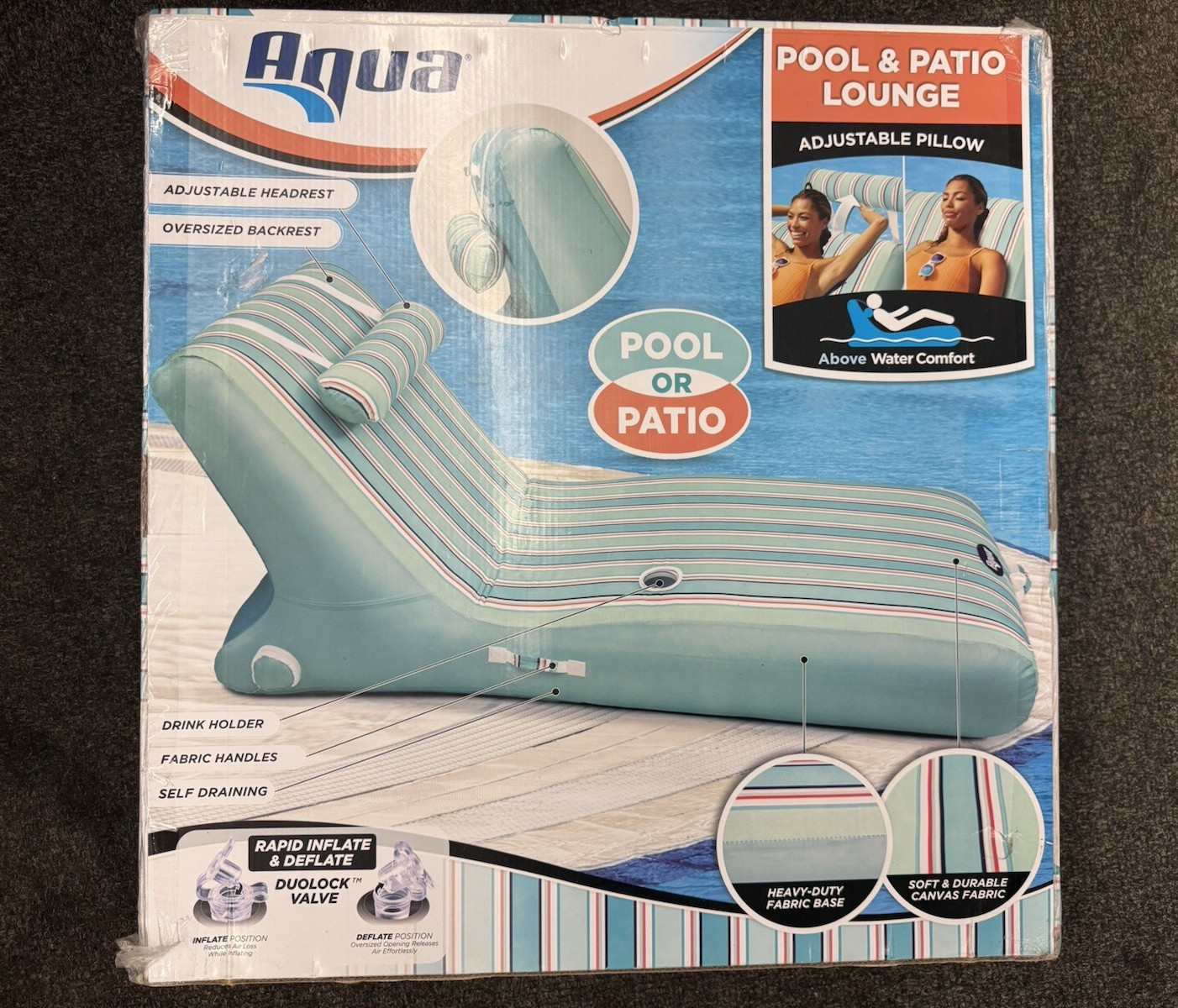 Aqua Pool & Patio Lounge Inflatable Float, 72in, DuoLock Valve, 300 lb
