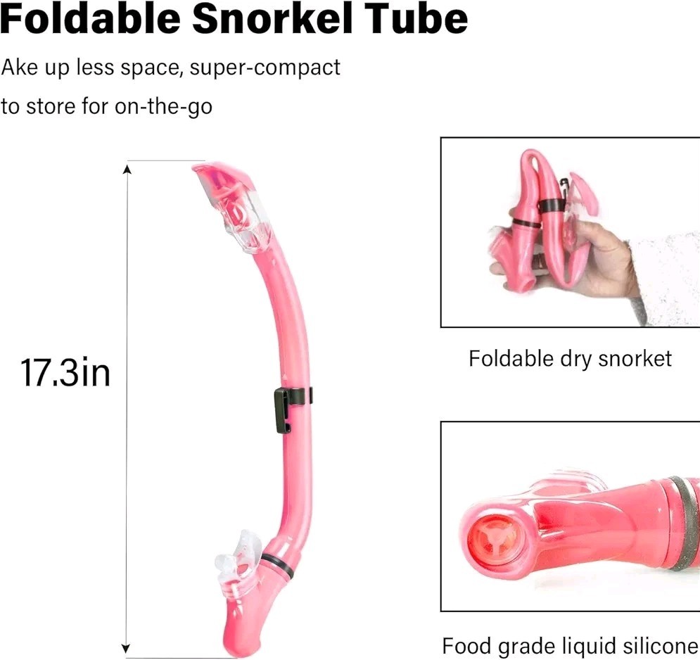 Pink Snorkel Set Fins Mask Foldable Dry Snorkel Food Grade Silicone (kids)