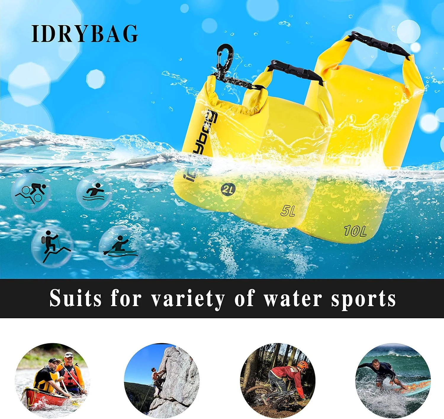 IDRYBAG Dry Bag for Kayaking Waterproof 2L/5L/10L/15L/20L, Small Dry Sack Waterp
