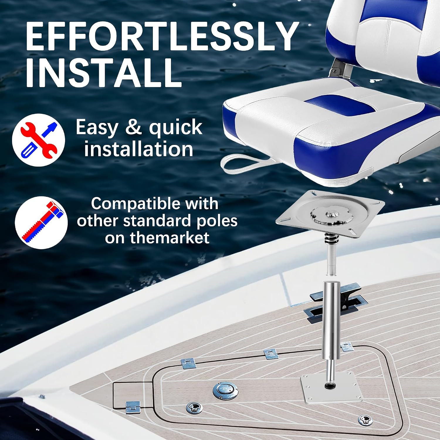 Marine-Grade Boat Seat Pin Mount,Swivel Base for 3/4″ Pin,Shock-Absorbing Pedes