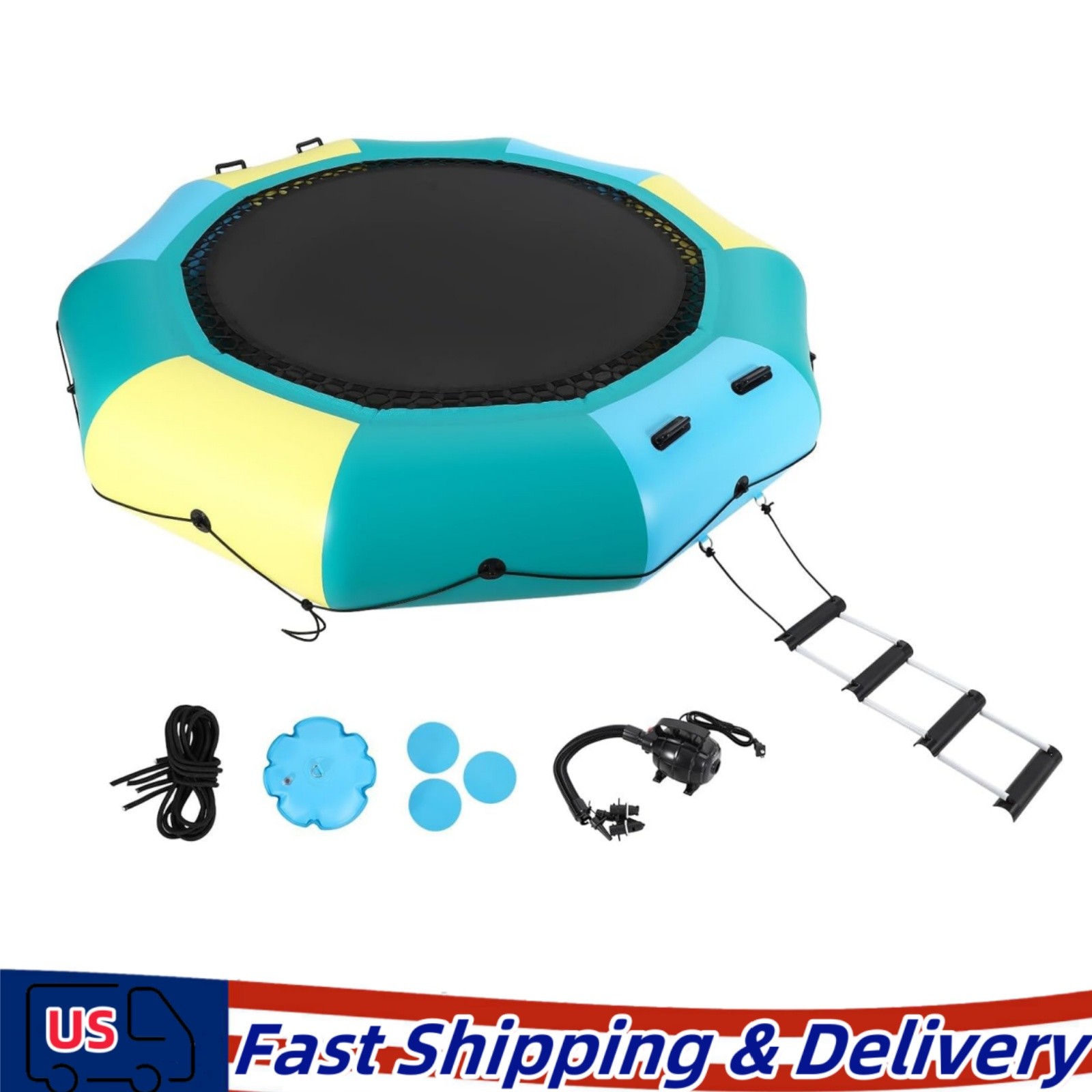 10FT Inflatable Water Trampoline 408LBS Floating Bounce with Pump and Ladder Kit