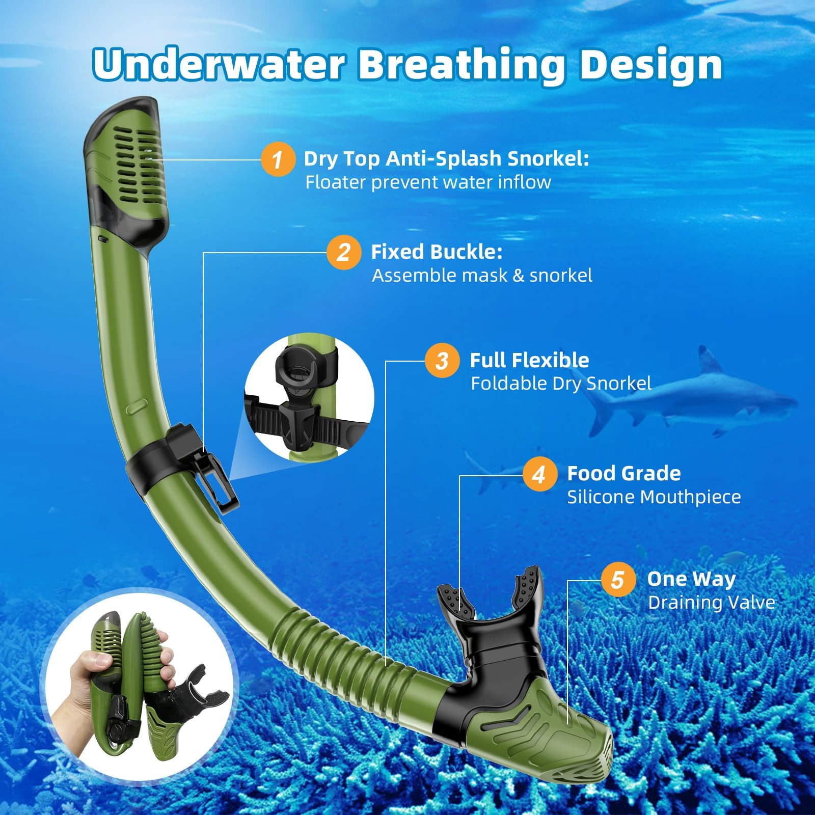 Snorkel Set Adults Snorkeling Gear Anti-Leak and Anti-Fog Army Green+Black