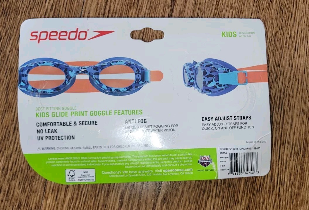 New Sealed Speedo Best Fitting Goggle Kids 3-6 Glide Print Green Blue