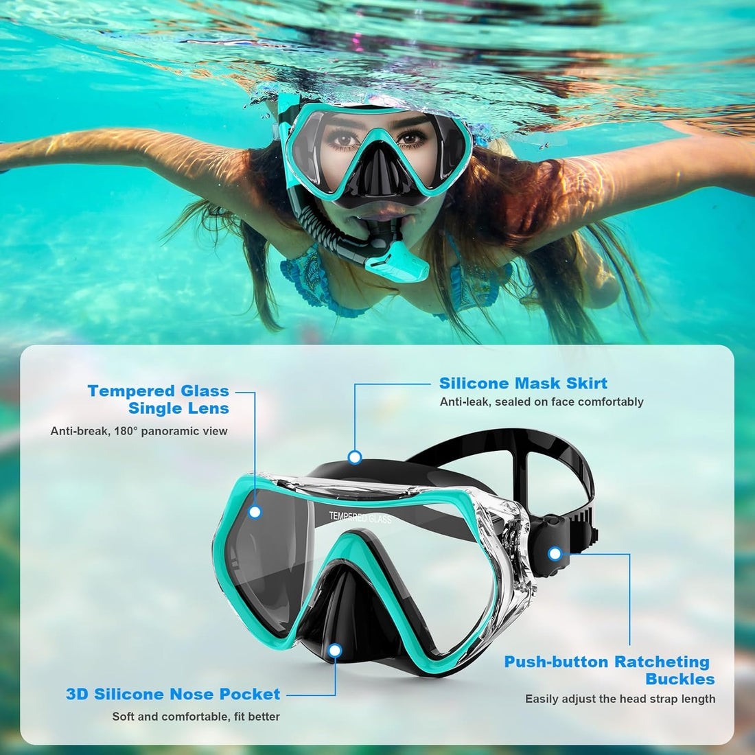 Adult Snorkel Set Mask Anti-Fog Panoramic Tempered Glass Diving Gear