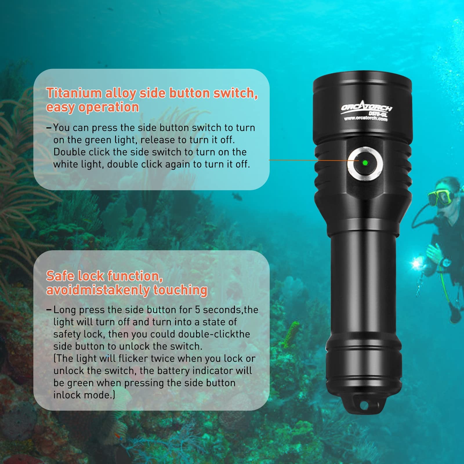 Orcatorch D570-Gl 2.0 2-In-1 Scuba Diving Signal Light 1500 Lumens Underwater