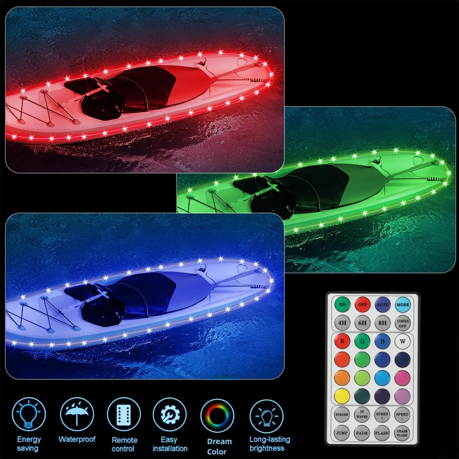 Kayak Paddle Board Lights Kit, IP68 Waterproof Dream Color 22FT, Multicolor
