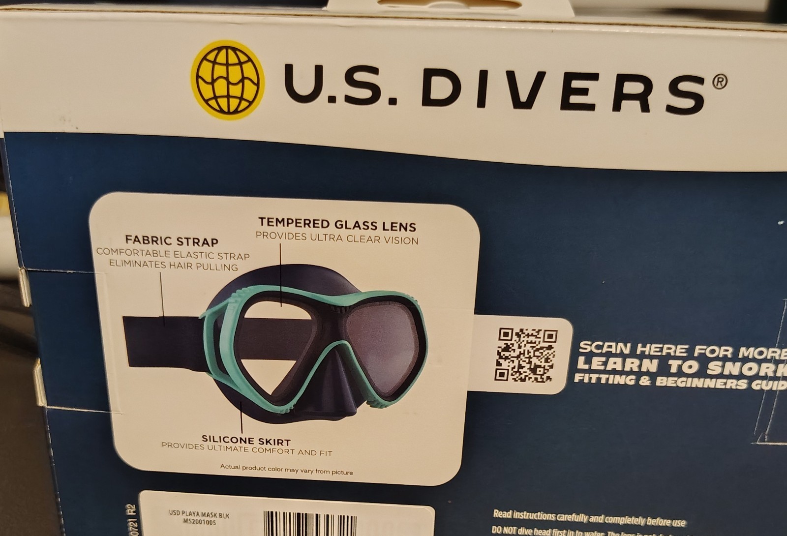 U.S. Divers Playa Adult Snorkel Mask Blue, Fabric Strap, Tempered Glass Lens