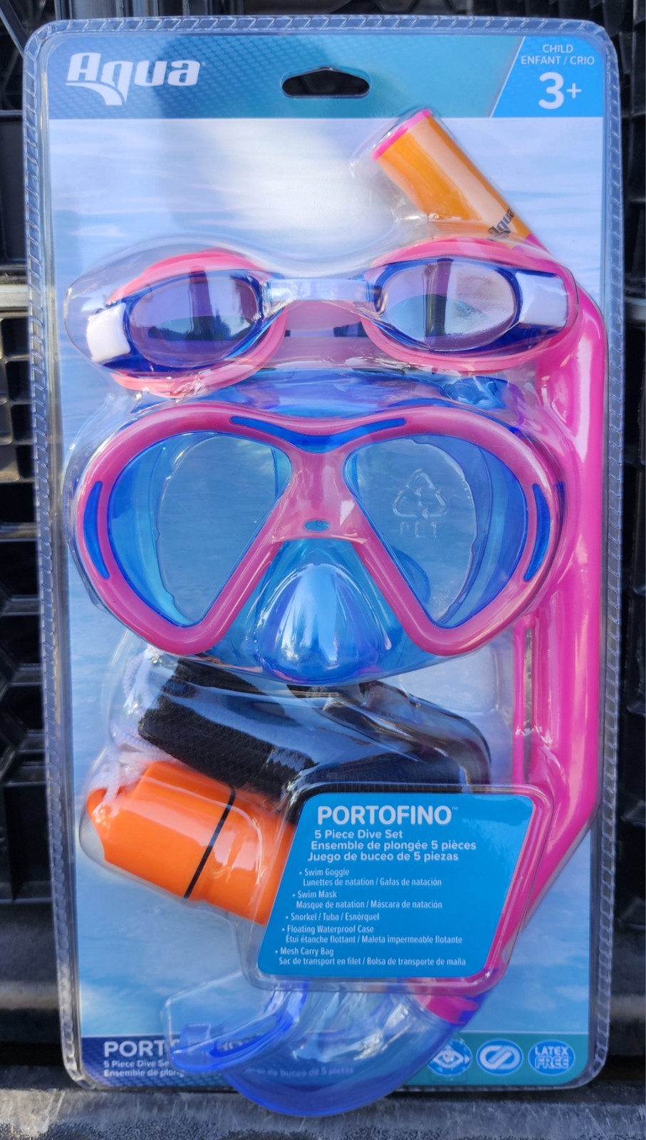 Aqua Portofino 5-Piece Kids Dive Set Mask Goggles Snorkel Case Bag – Pink – 3+