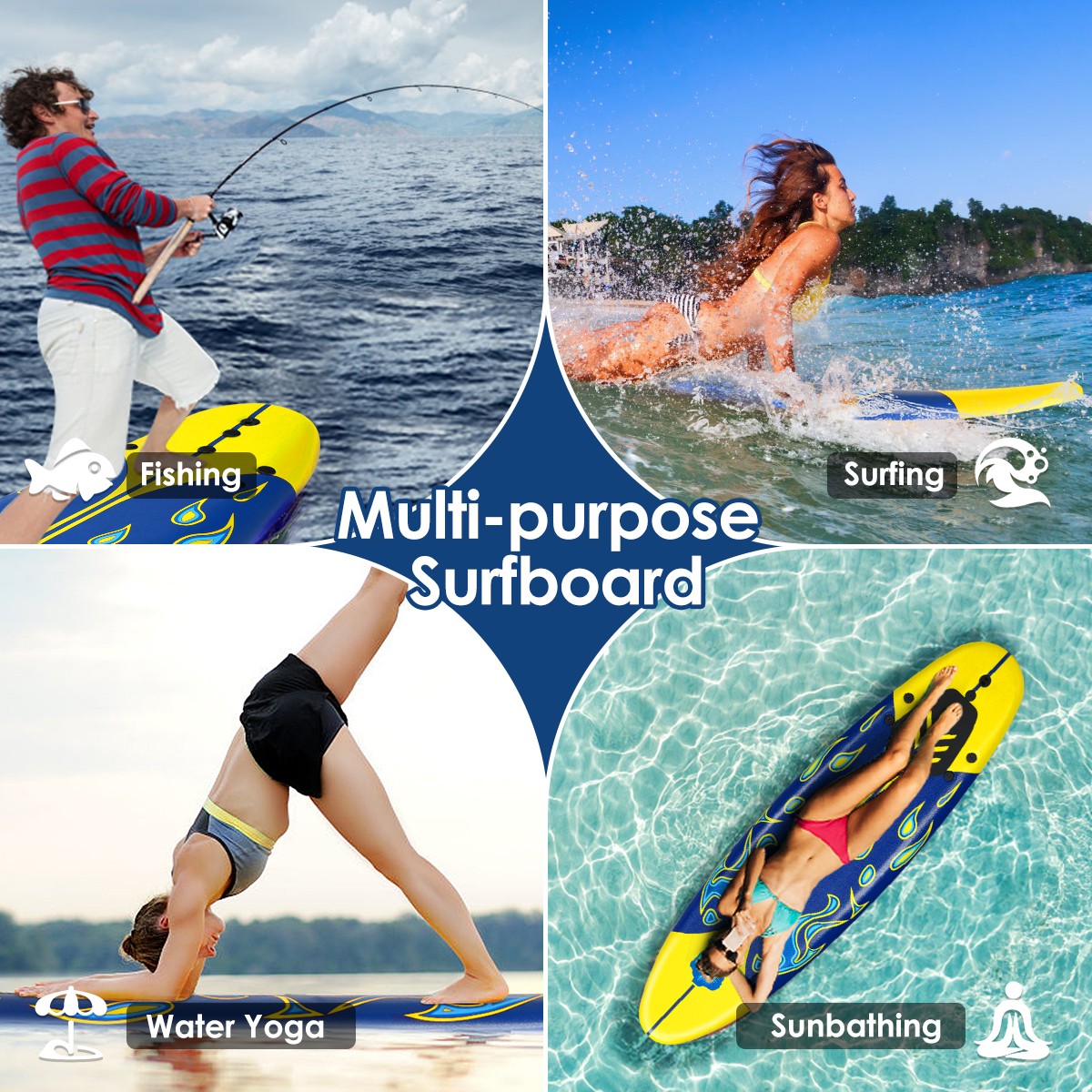 6′ Surfboard Foamie Body Surfing Board W/3 Fins & Leash for Kids Adults Yellow