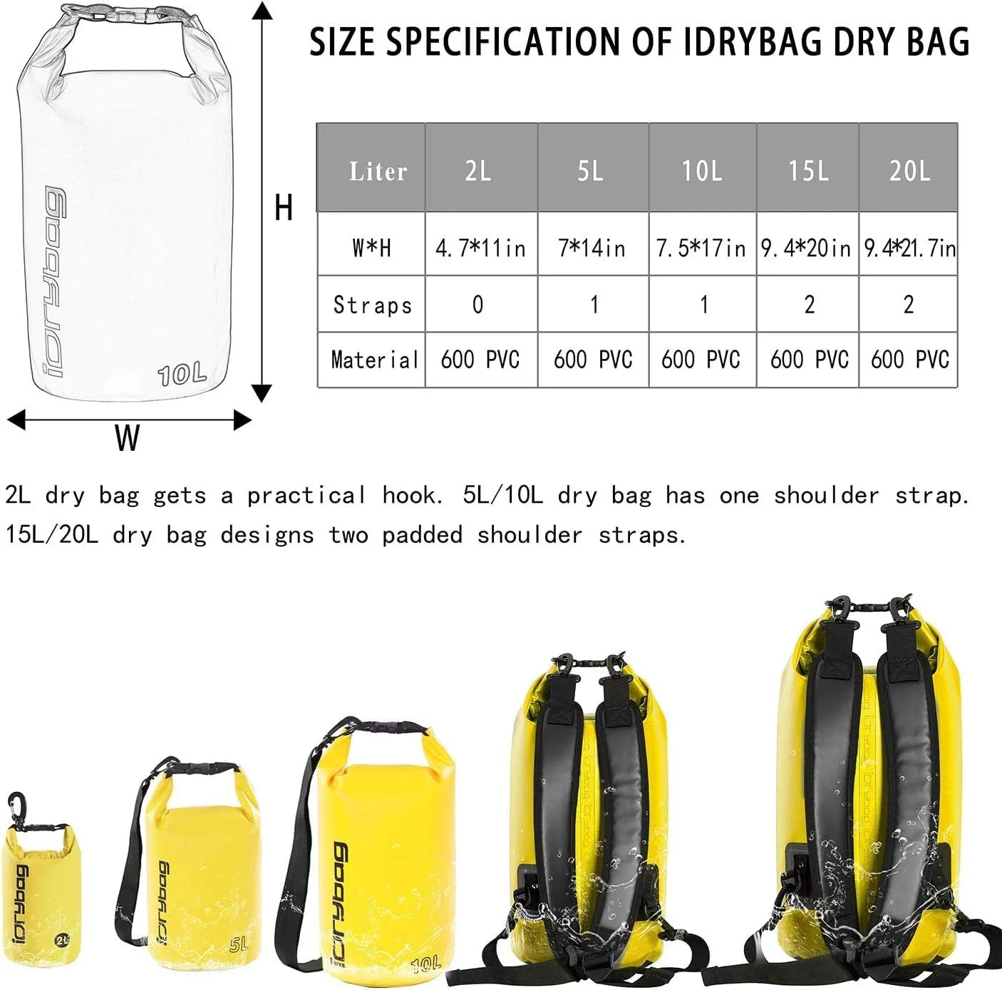 IDRYBAG Dry Bag for Kayaking Waterproof 2L/5L/10L/15L/20L, Small Dry Sack Waterp
