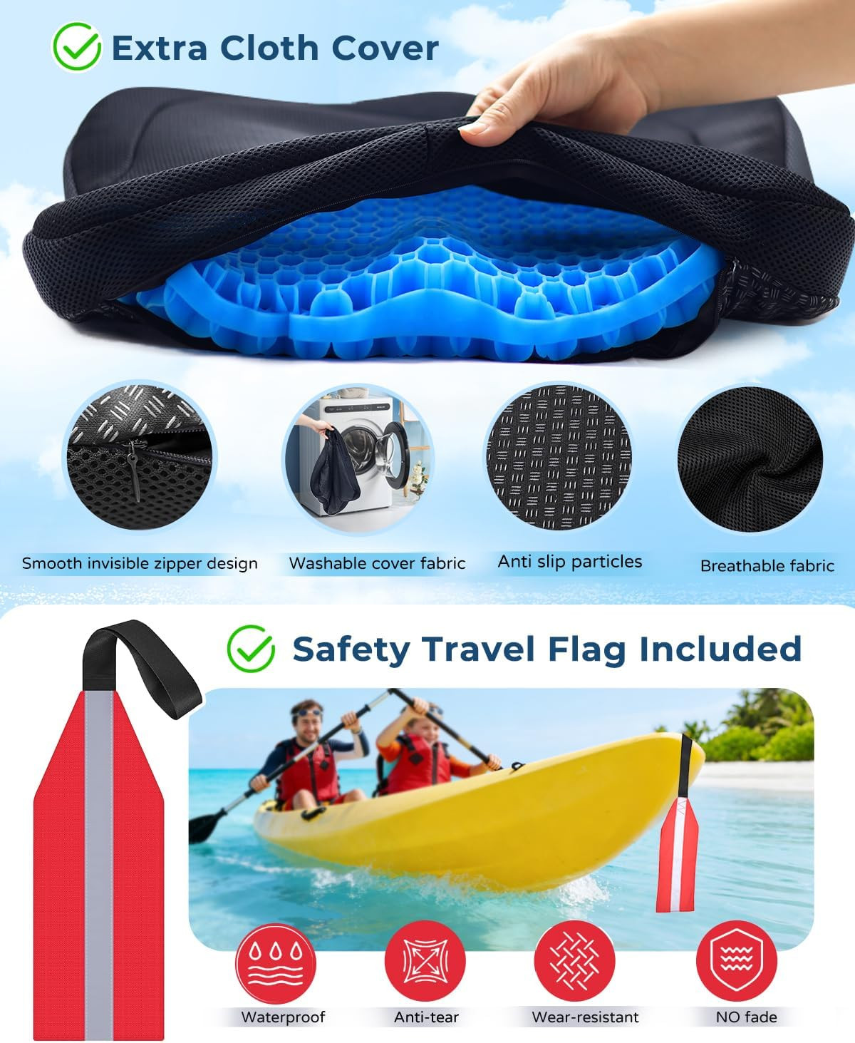 Premium Gel Kayak Seat Cushion, Thickened Non-Slip Waterproof Seat Pad, Breathab