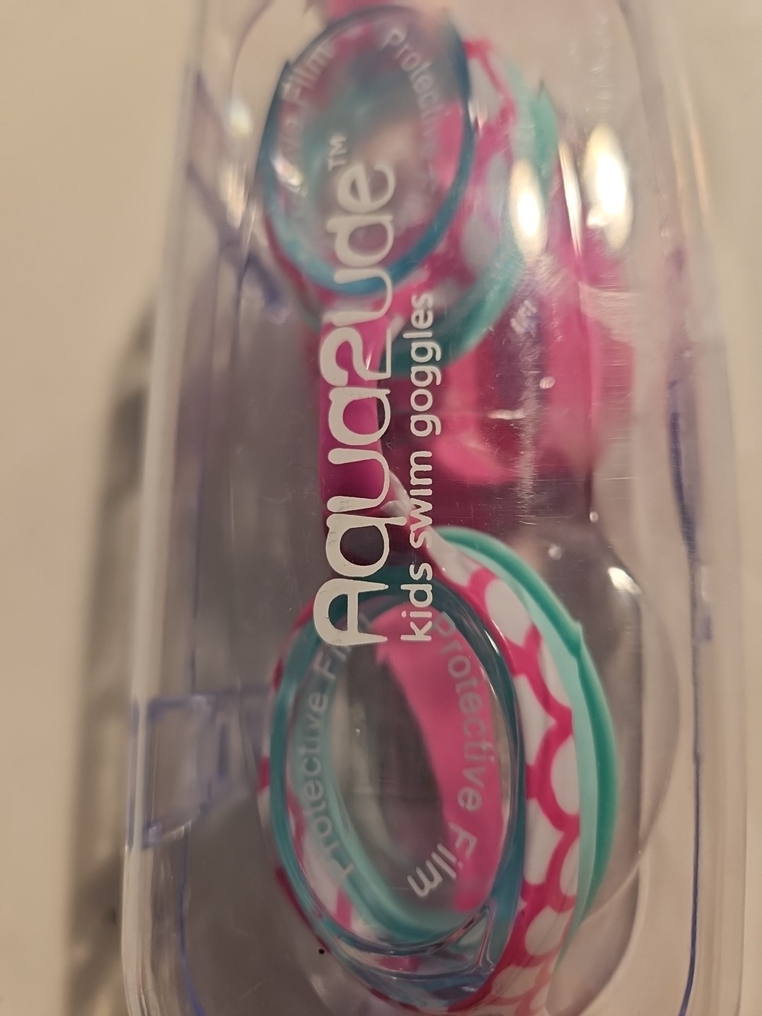 Aqua2ude Kids Swim Goggles Pink & Green With Protective Case, Ages 6+ Brand New