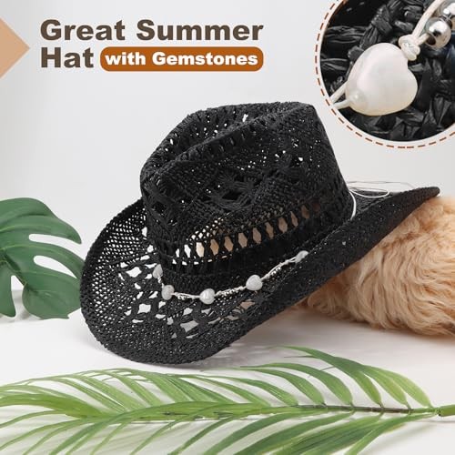 Straw Cowboy Cowgirl Hat for Women Men Medium 1 Pack Hollowed Pattern: Black