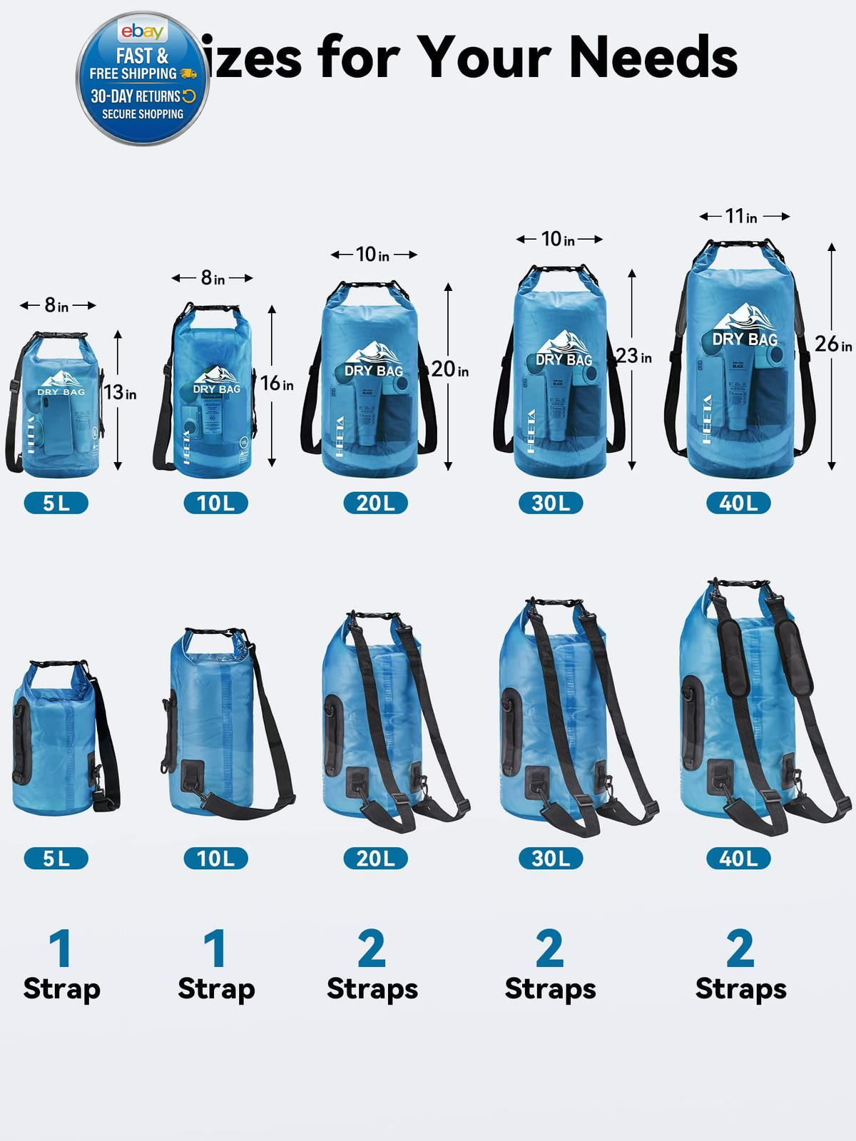 Dry Bag Waterproof for Women Men, Roll Top Lightweight 5L, Blue
