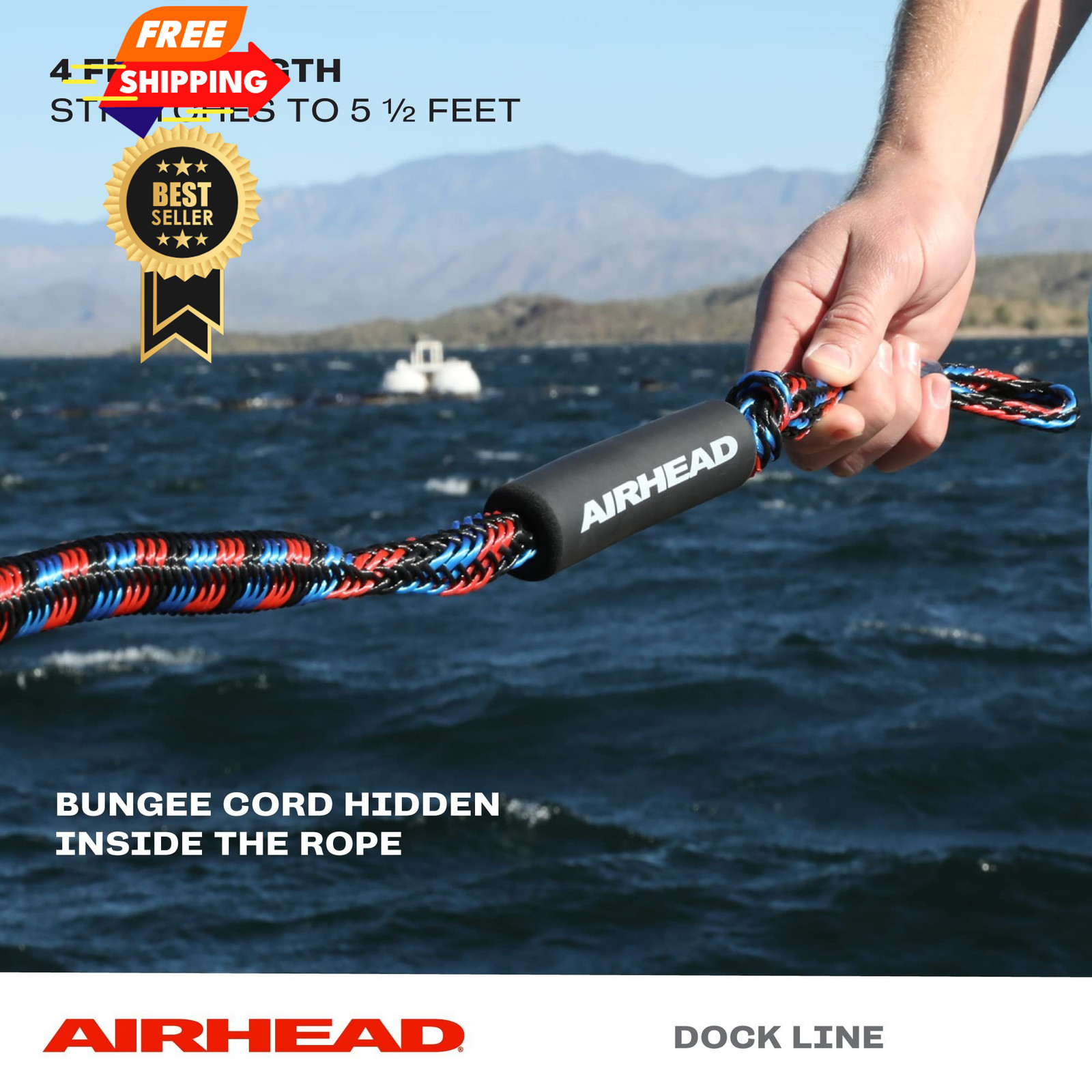 AIRHEAD AHDL-4 Bungee, Dockline For Watercraft 4 Feet 4 feet, Black/Blue/Red