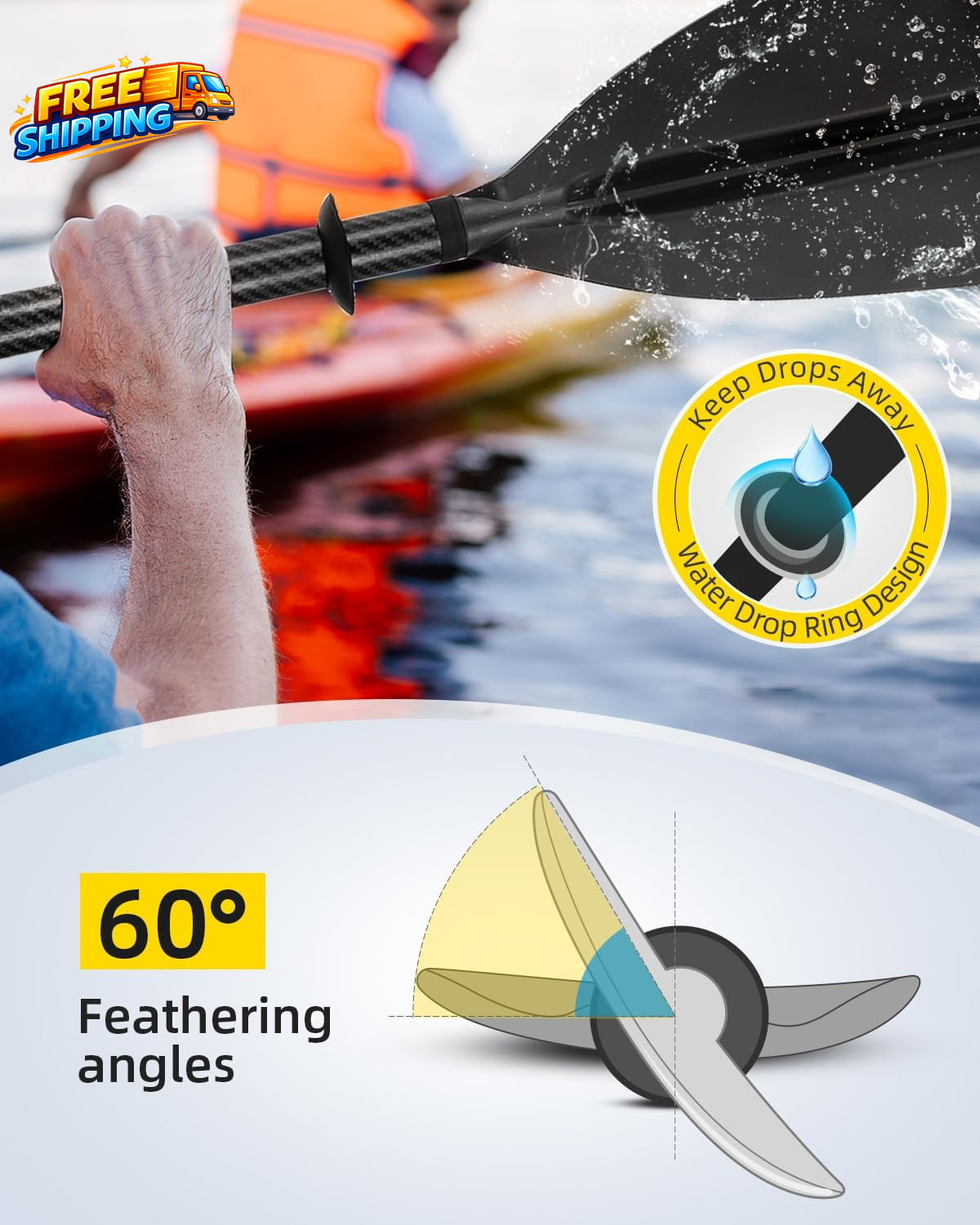 Adjustable Carbon Fiber Kayak Paddle 86In/220Cm to 94In/240Cm