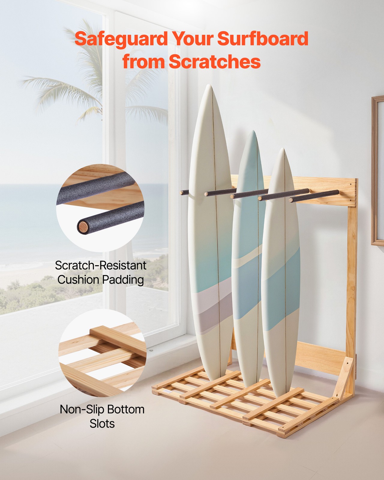 VEVOR Vertical Surfboard Stand 4 Tiers Wood Surfboard Rack for Storage & Display