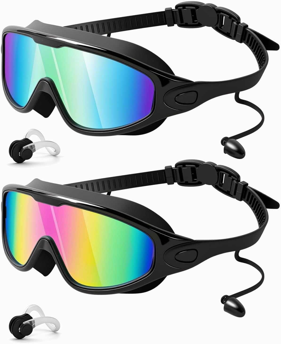 2 Pack-Adjustable-Wide-View Swim Goggles | Anti-Fog UV Lens |Earplugs & Nose Pad