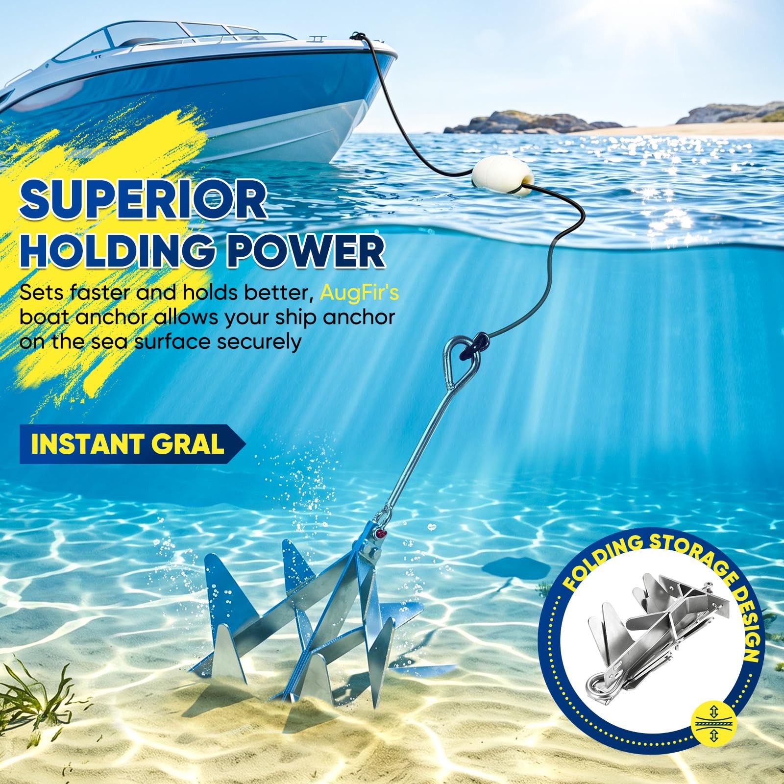 9 lb Galvanized Steel Boat Anchor Kit Folding for Small and Medium Boats