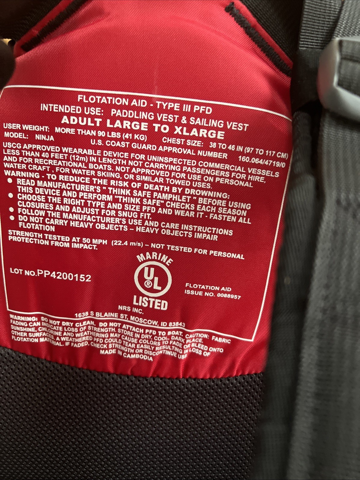 NRS Ninja PFD L XL Red Black Kayak SUP Life Jacket New Without Tags