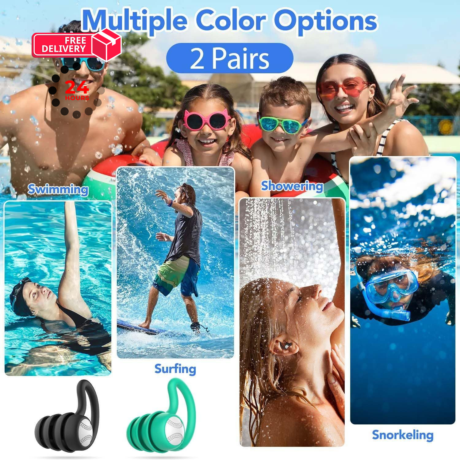 Swimming Ear Plugs Waterproof Earplugs – 3 1 pair (Pack of 3), Green, Black